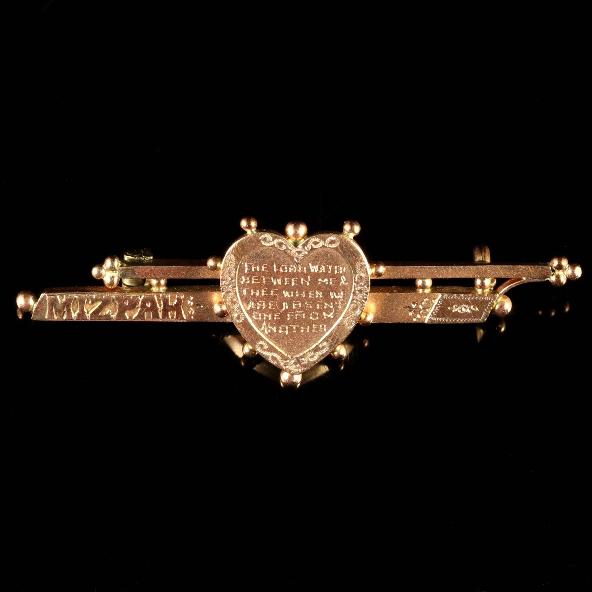 This fabulous Victorian 9ct Gold Mizpah Brooch is Circa 1880.

This Brooch boasts superb craftsmanship with beautiful engraving all round.

Mizpah is a name from the Bible. As Laban said, The Lord watch between you and me, when we are absent one