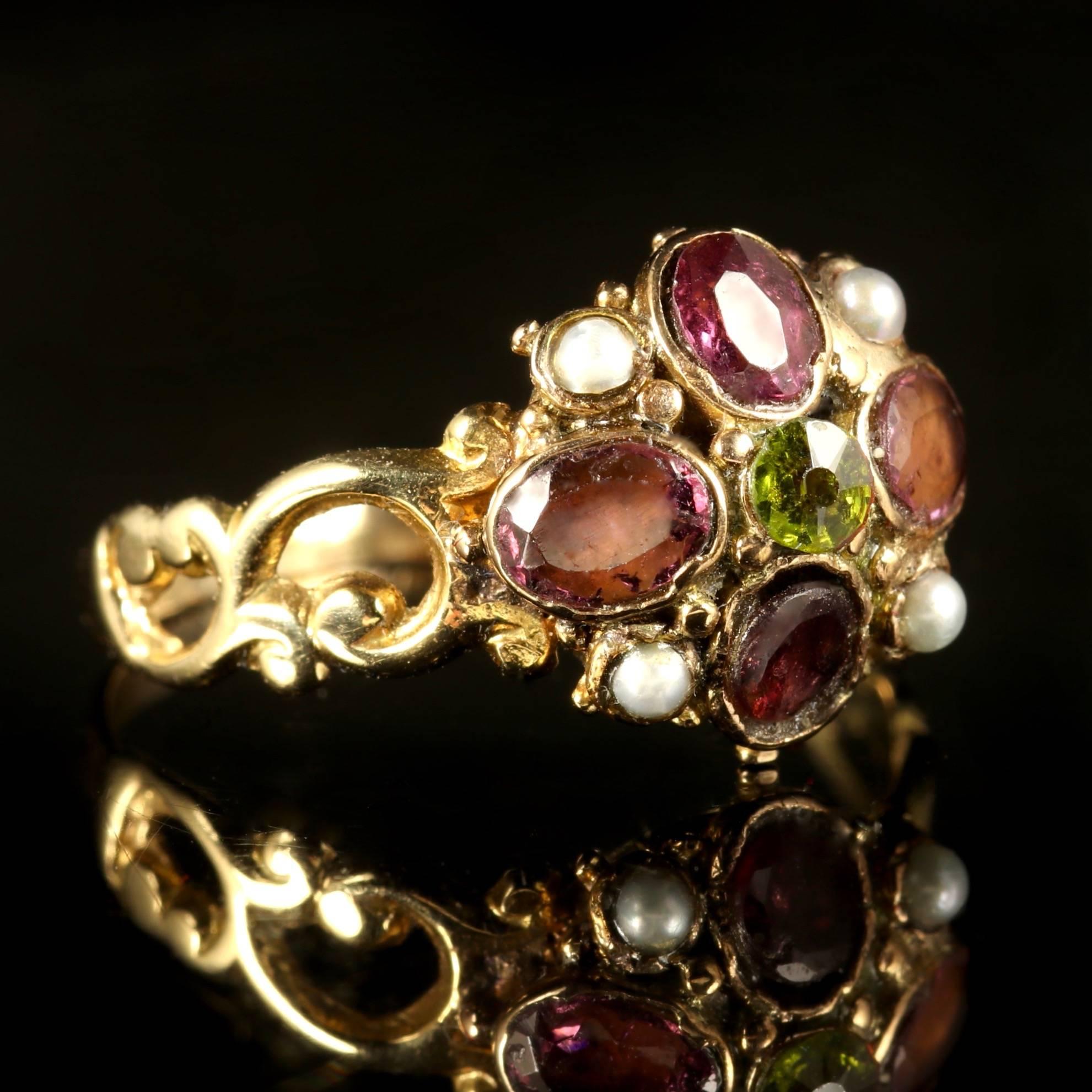 This spectacular 18ct Gold Georgian ring displays the Suffragette colours in gemstones.

Due to its age, Georgian jewellery is quite rare, with some pieces almost three hundred years old. From 1714 until 1837 four King Georges and a short-lived