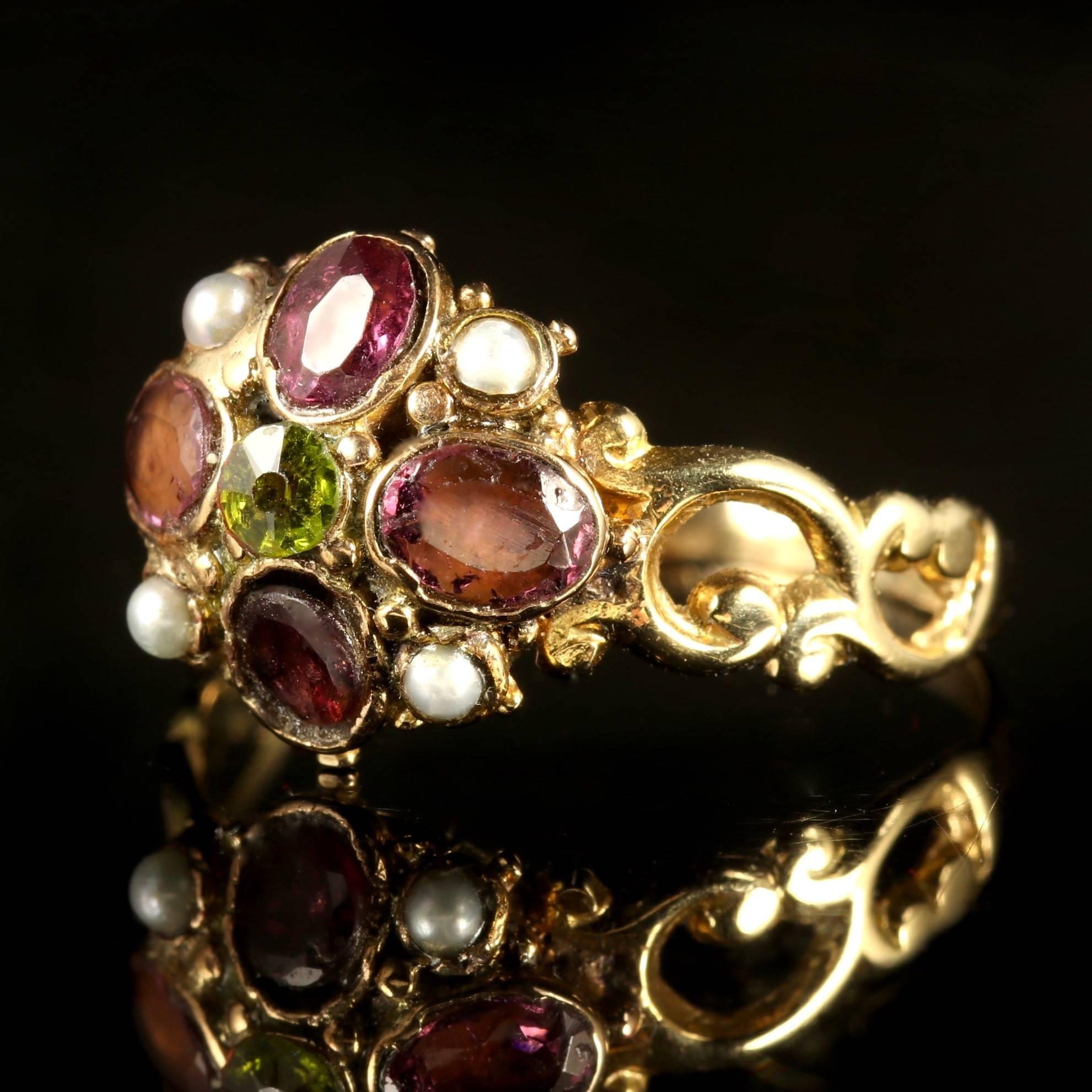 Women's Antique Georgian Suffragette 18 Carat Ring Garnet Peridot Pearl, circa 1800