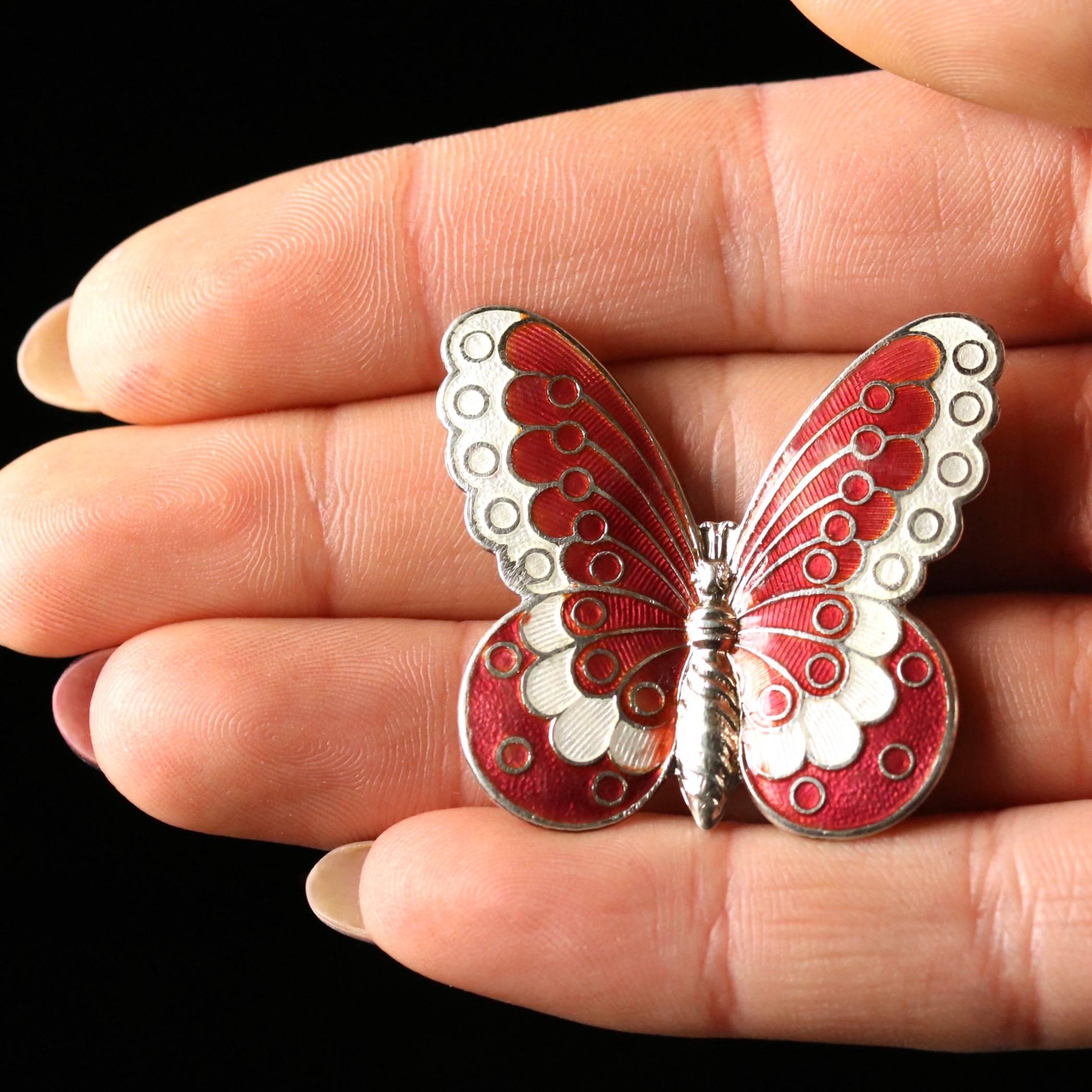 Antique Victorian Red White Enamel Butterfly Brooch, circa 1900 5