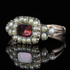 Antique Georgian Flat Cut Garnet Pearl Ring 18 Carat Gold, circa 1800