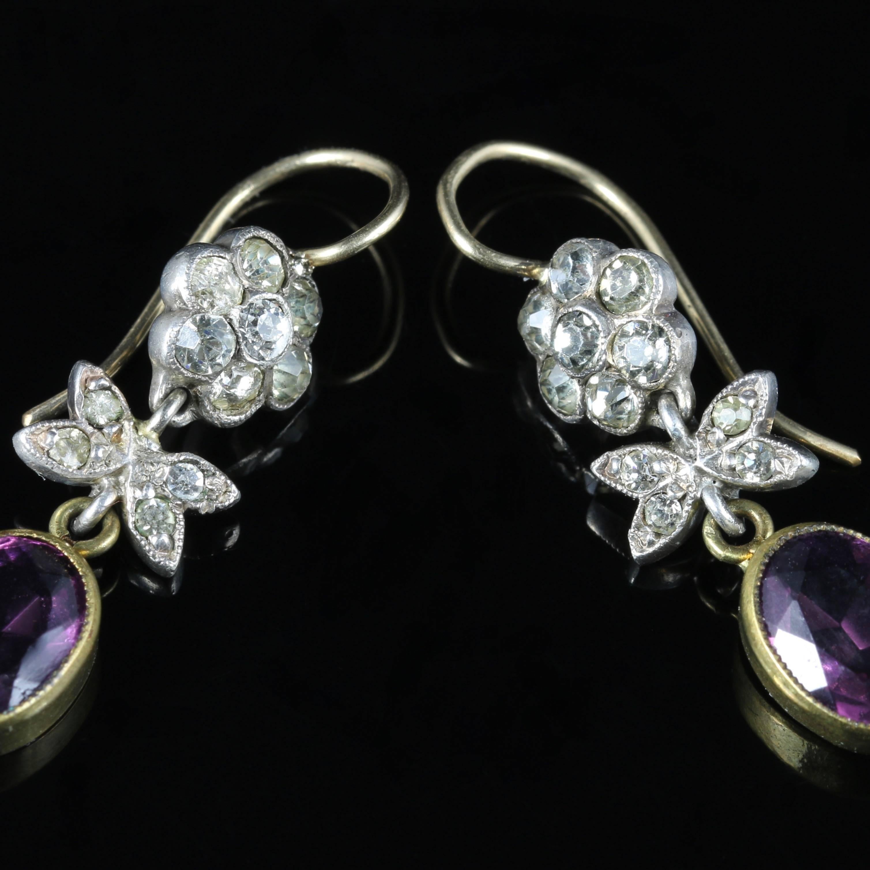 Antique Victorian Amethyst Paste Earrings Gold Silver In Excellent Condition For Sale In Lancaster, Lancashire