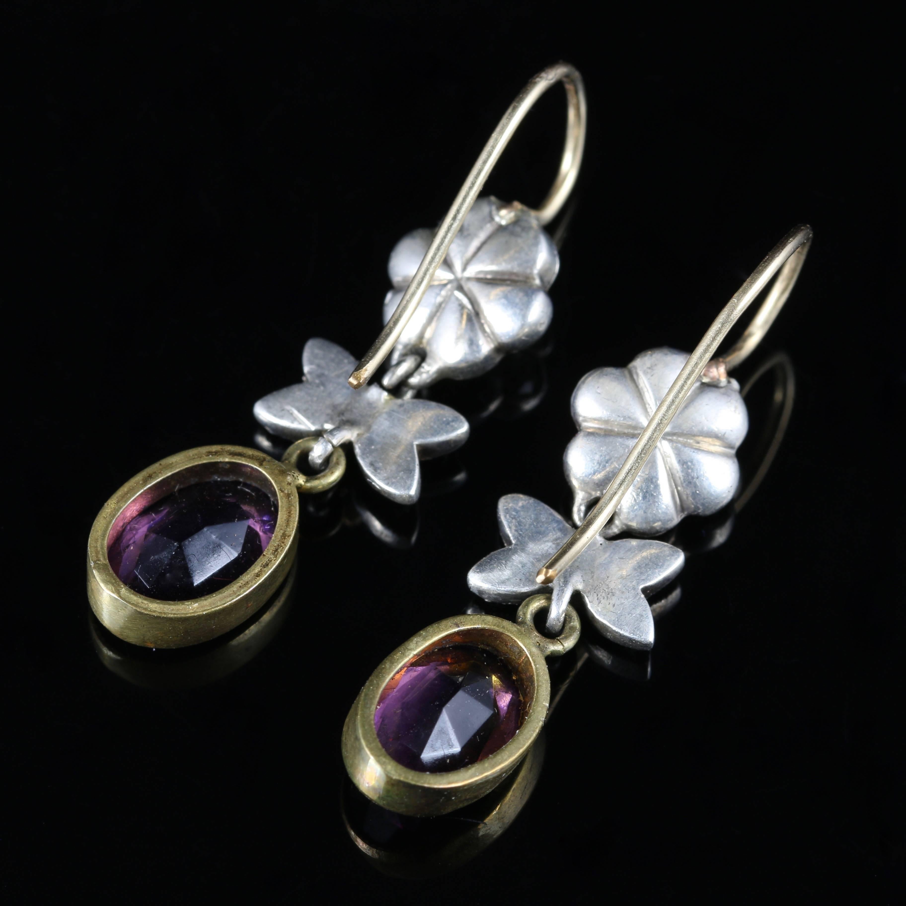 Antique Victorian Amethyst Paste Earrings Gold Silver For Sale 2