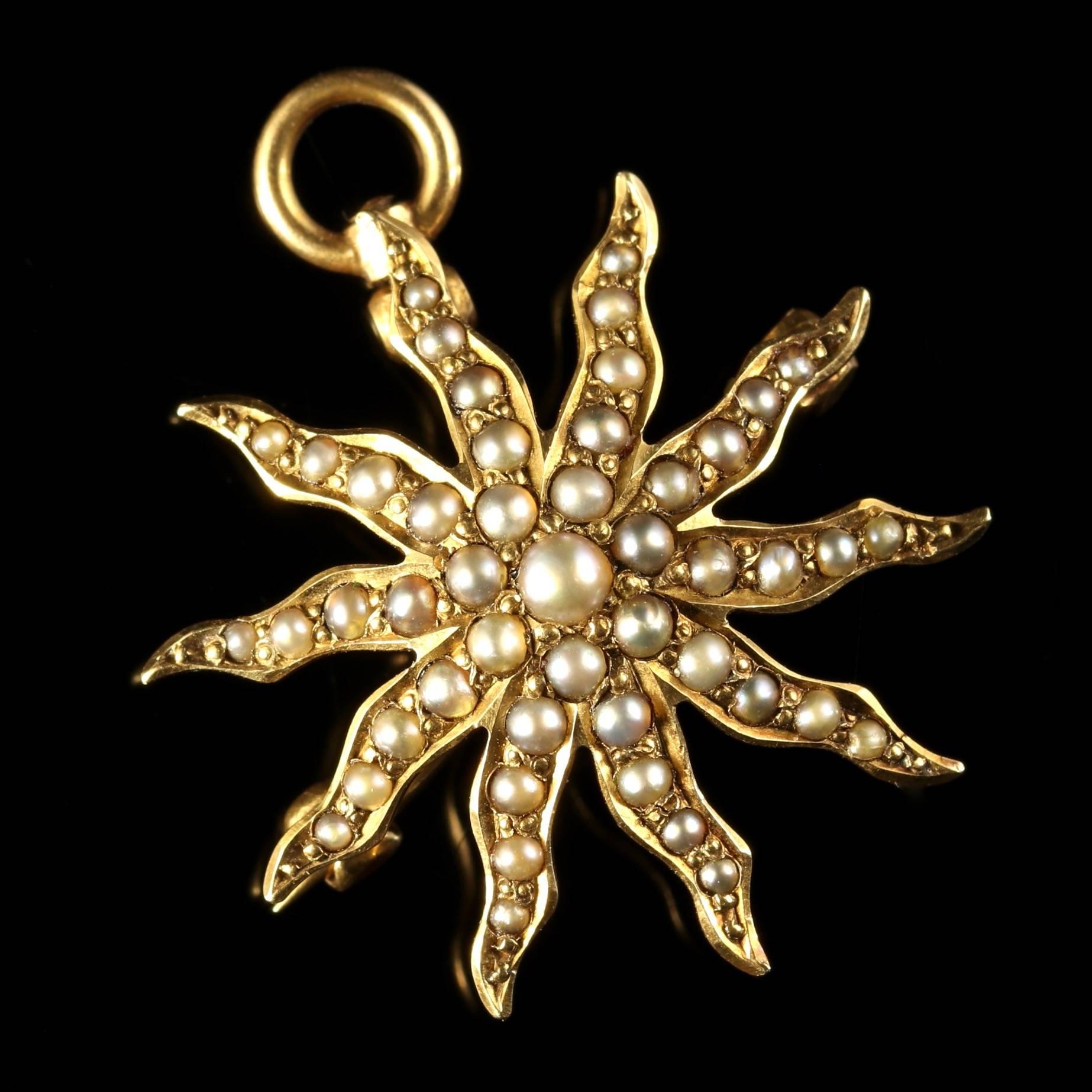 This fabulous Victorian star brooch pendant is set with lustrous Pearls, Circa 1880.

The wonderful brooch depicts a star which has 10 points and is adorned with lustrous Pearls that graduate in size.

Pearls have a wonderful lustre with a rich