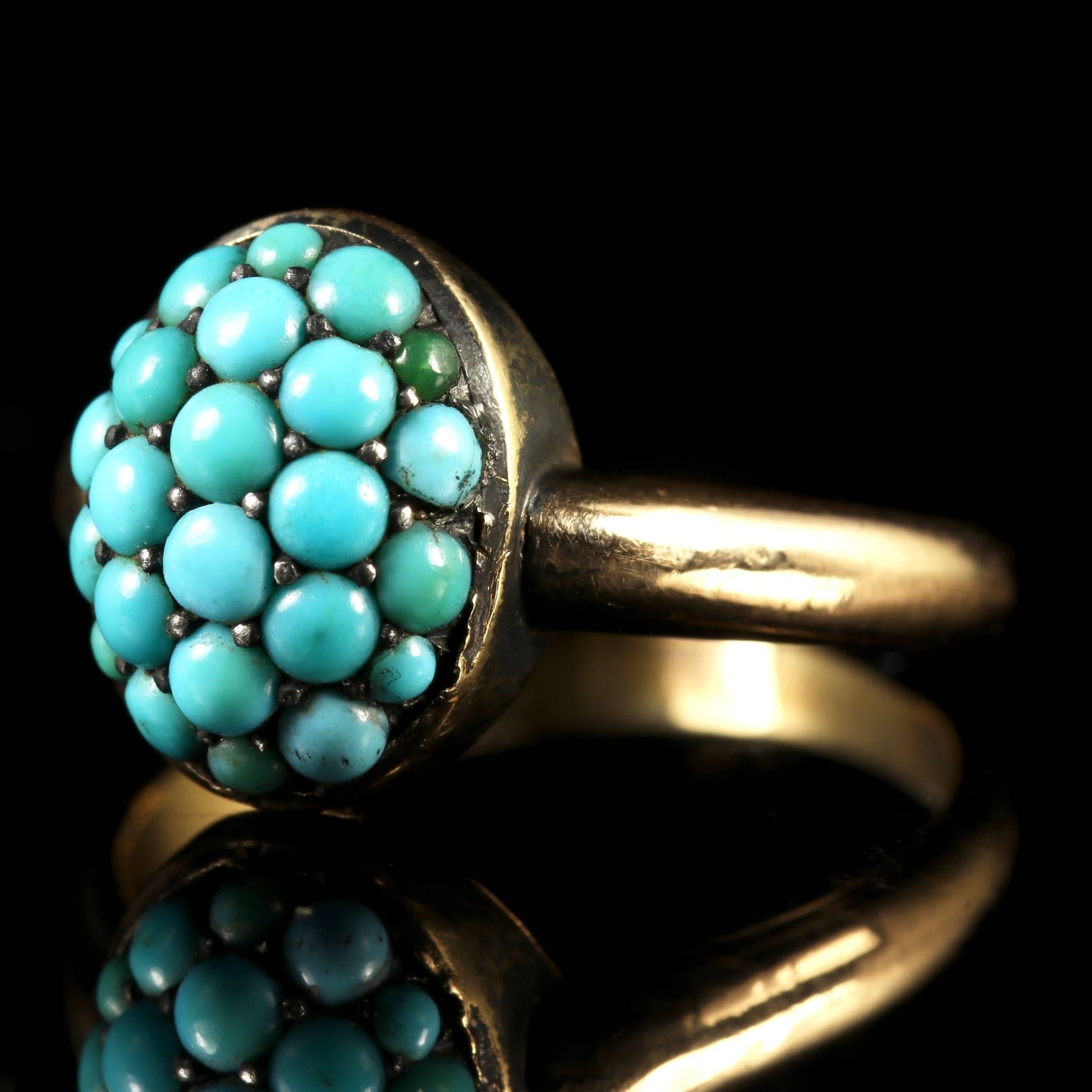 This beautiful Pavé Set Turquoise ring is set in 18ct Gold, Circa 1890.

The ring has bright Turquoise’s which graduate in size all around.

The pavé setting, pronounced “pa-vay,” comes from the French word “to pave,” such as paved in gemstones. By