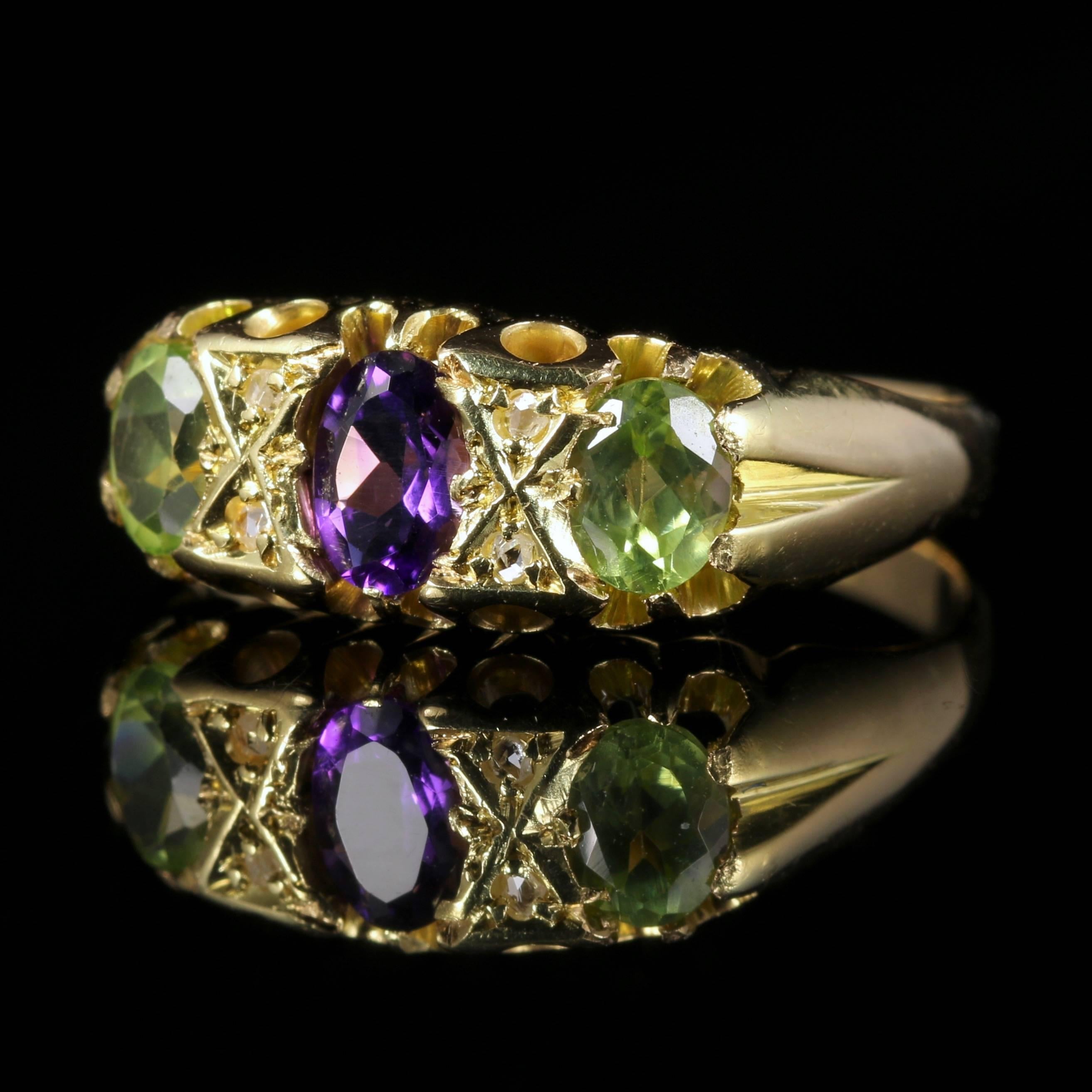 For more details please click continue reading down below...

This fabulous Victorian Suffragette ring boasts a beautiful rich purple Amethyst, Olive Green Peridots and sparkling Diamonds.

Set in 18ct Yellow Gold.

Suffragettes liked to be depicted