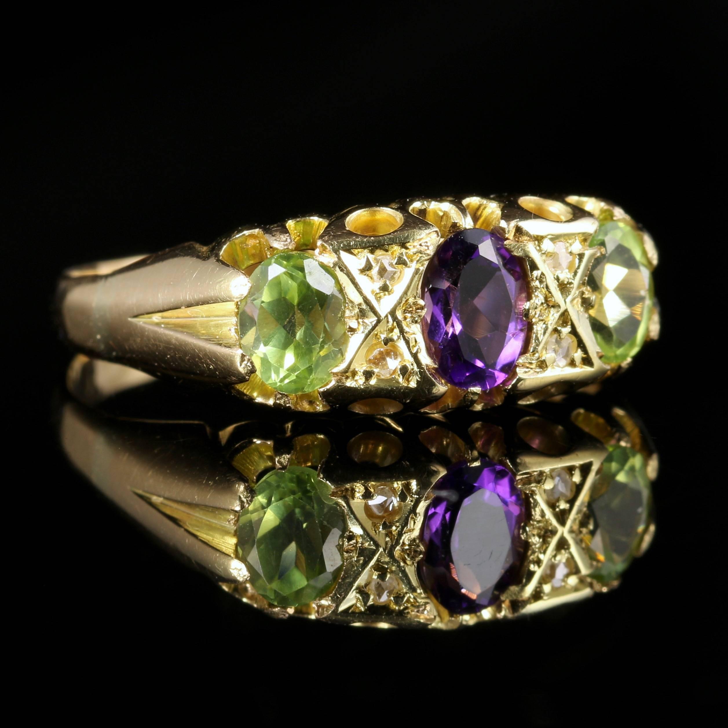 Women's Antique Victorian Suffragette Ring Amethyst Peridot Diamond 18 Carat Gold
