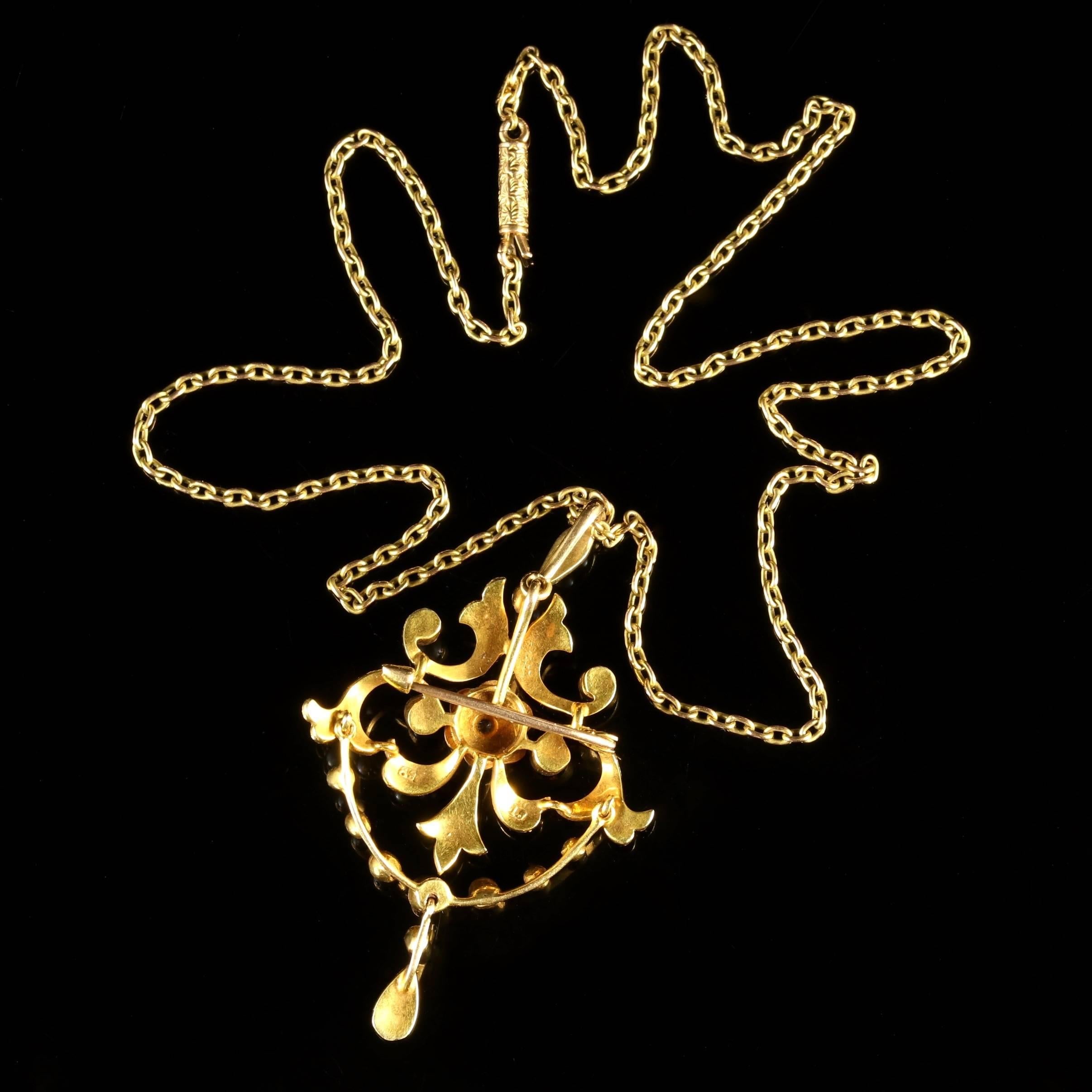 Antique Victorian Pearl Diamond 15 Carat Gold Pendant Brooch Necklace circa 1900 In Excellent Condition In Lancaster, Lancashire