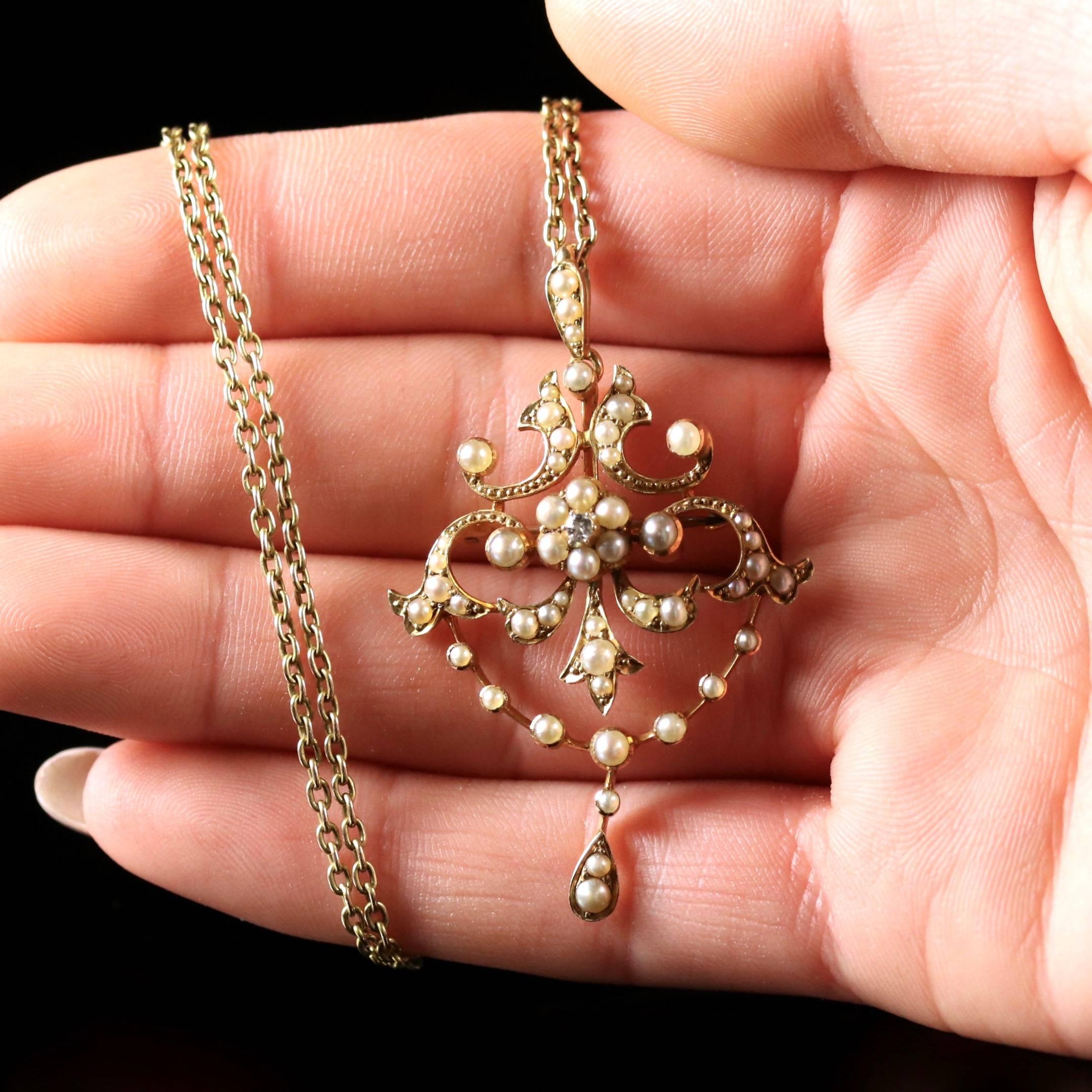 Antique Victorian Pearl Diamond 15 Carat Gold Pendant Brooch Necklace circa 1900 4