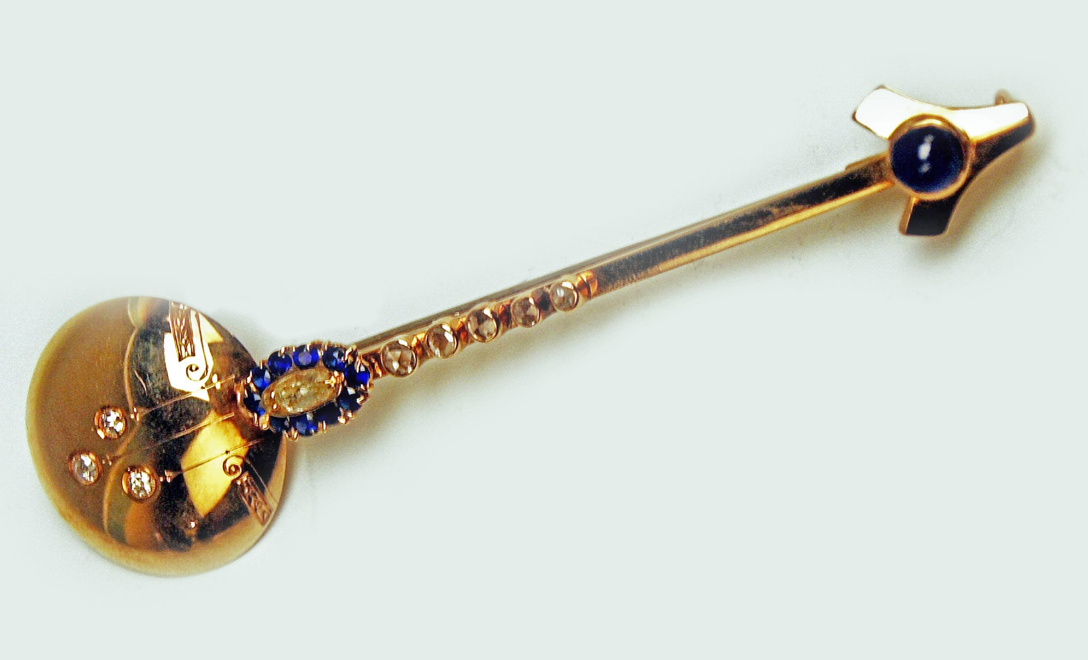 Women's Art Deco Stick Brooch Gold 585 Sapphires Brilliants 0.70 Carat, Austria, Vienna For Sale