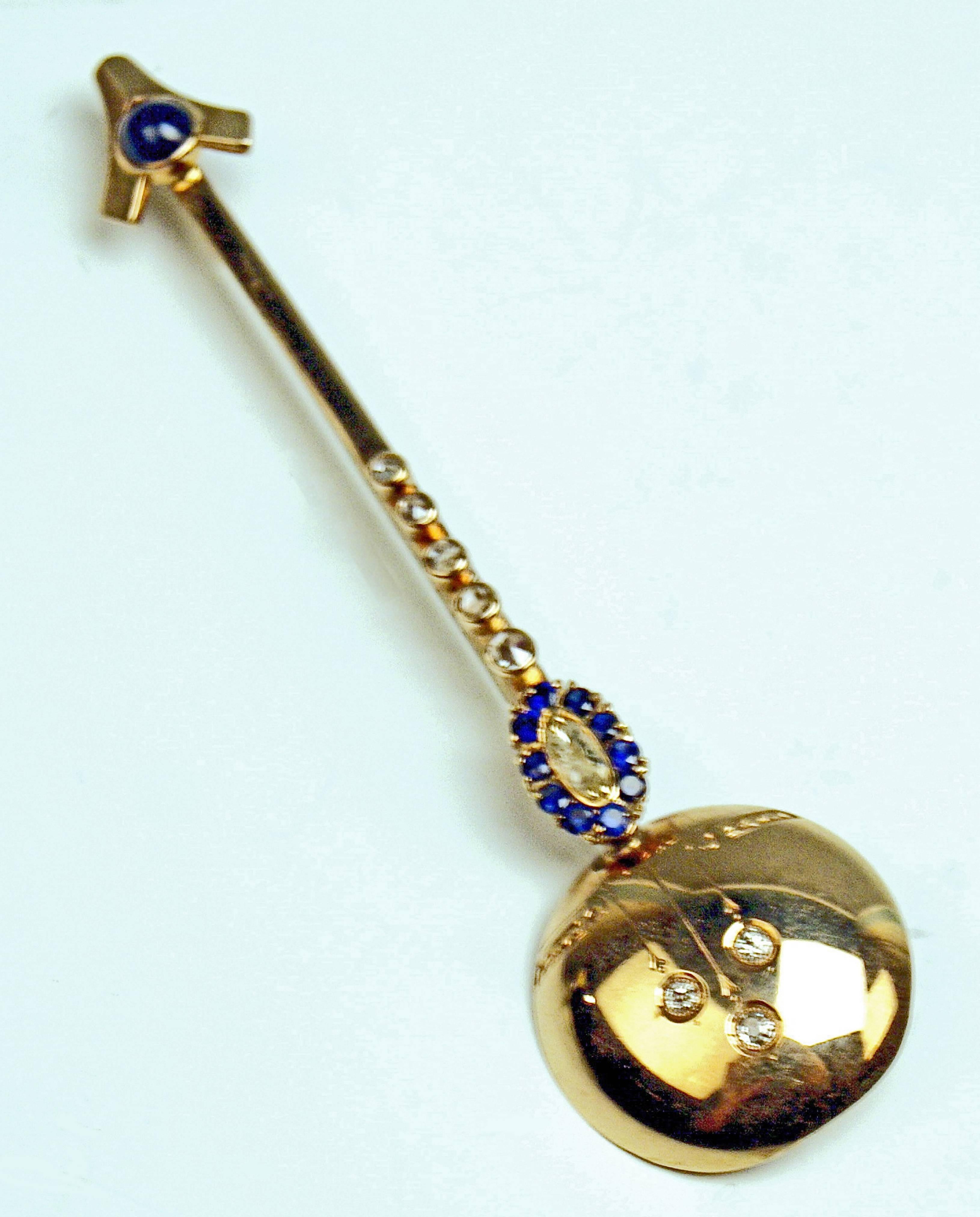 Old European Cut Art Deco Stick Brooch Gold 585 Sapphires Brilliants 0.70 Carat, Austria, Vienna For Sale