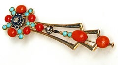 Stick Brooch Gold 585 Turquoises Corals Diamonds 0.25 ct, Austria, circa 1860