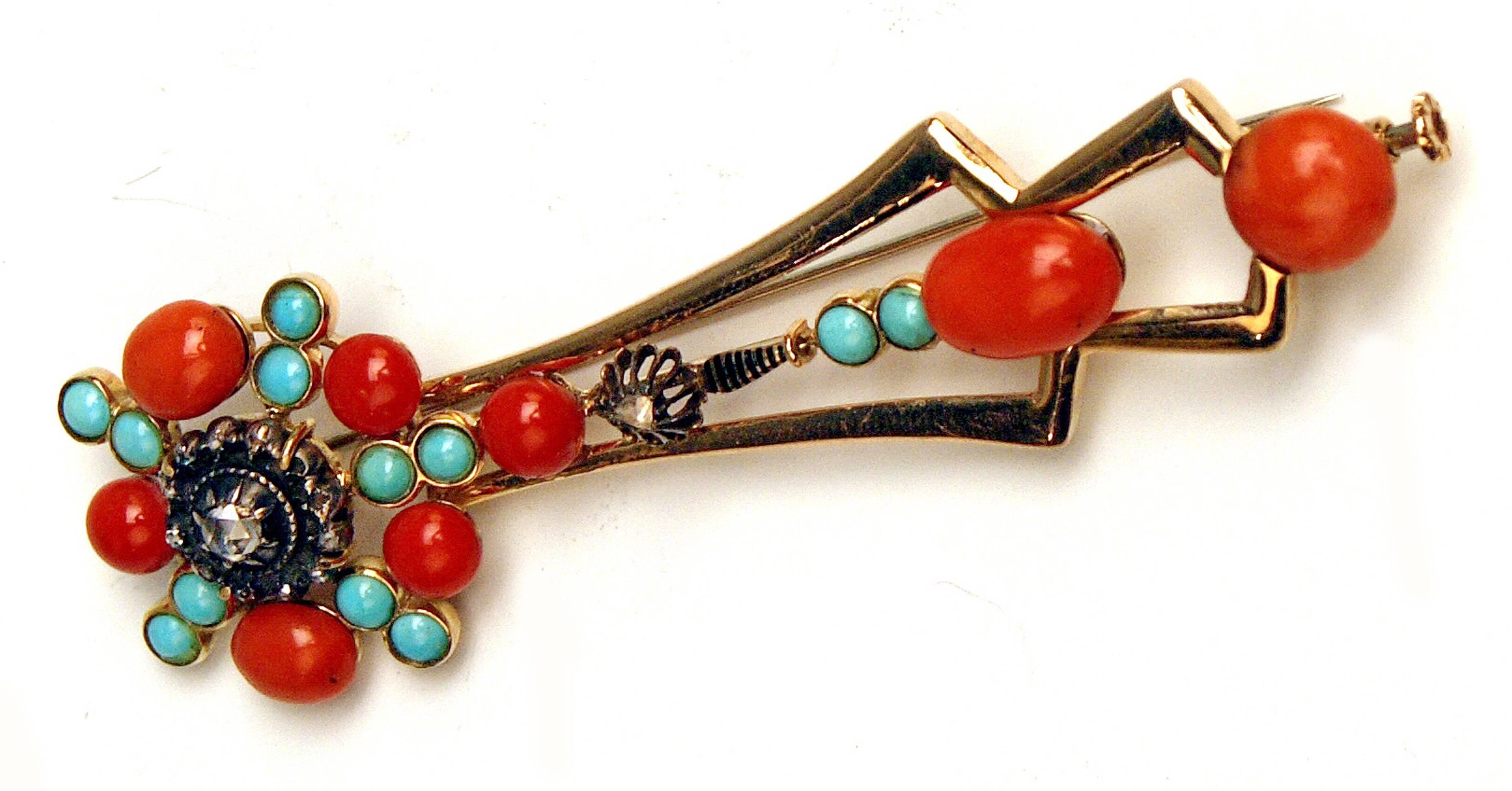 High Victorian Stick Brooch Gold 585 Turquoises Corals Diamonds 0.25 ct, Austria, circa 1860 For Sale