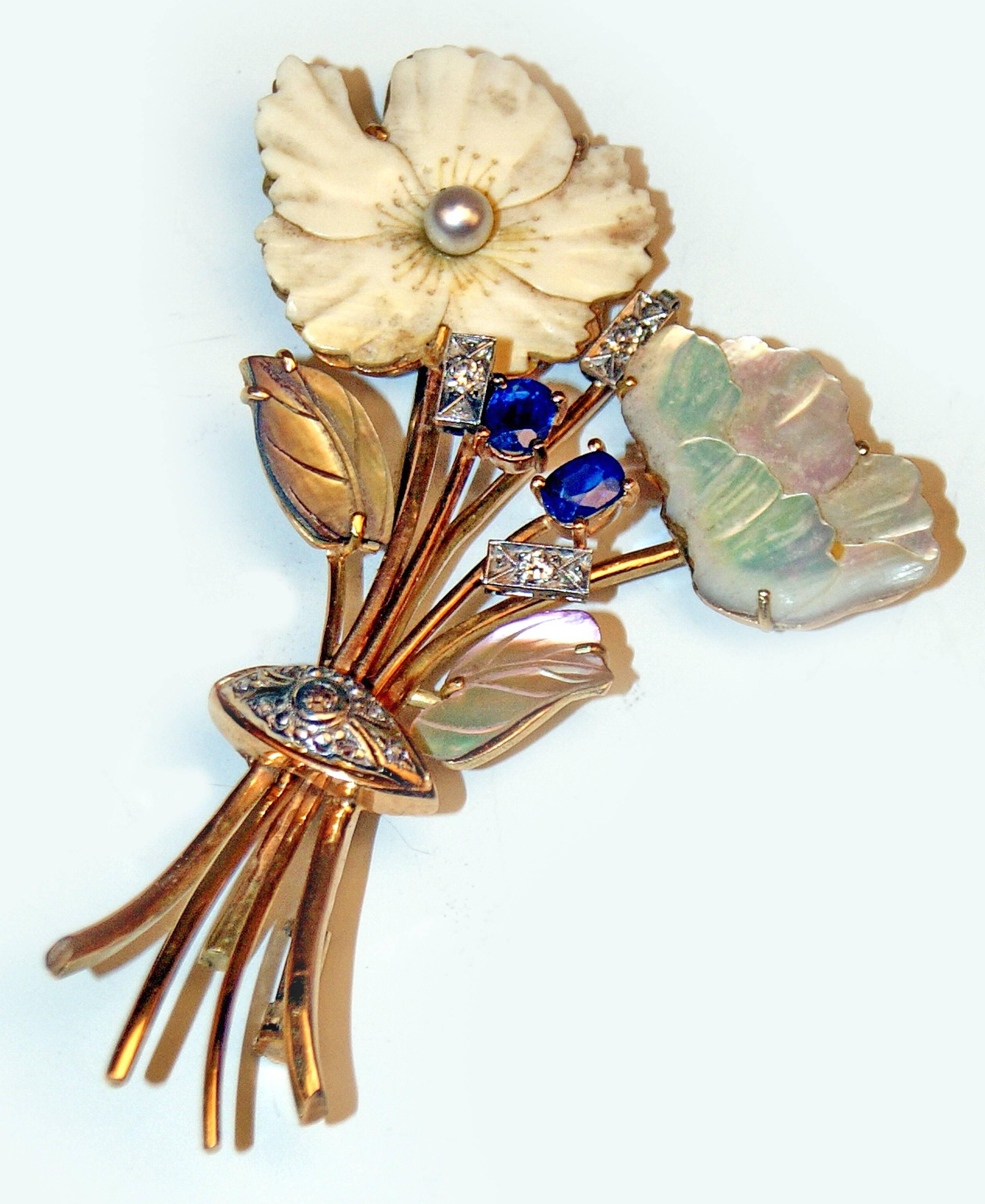 Brosche Blumenstrauß Gold 585 Brilliants 0,30 Karat Saphire Perle, Wien (Art nouveau) im Angebot