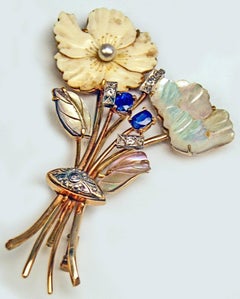 Brooch Flower Bouquet Gold 585 Brilliants 0.30 Carat Sapphires Pearl, Vienna