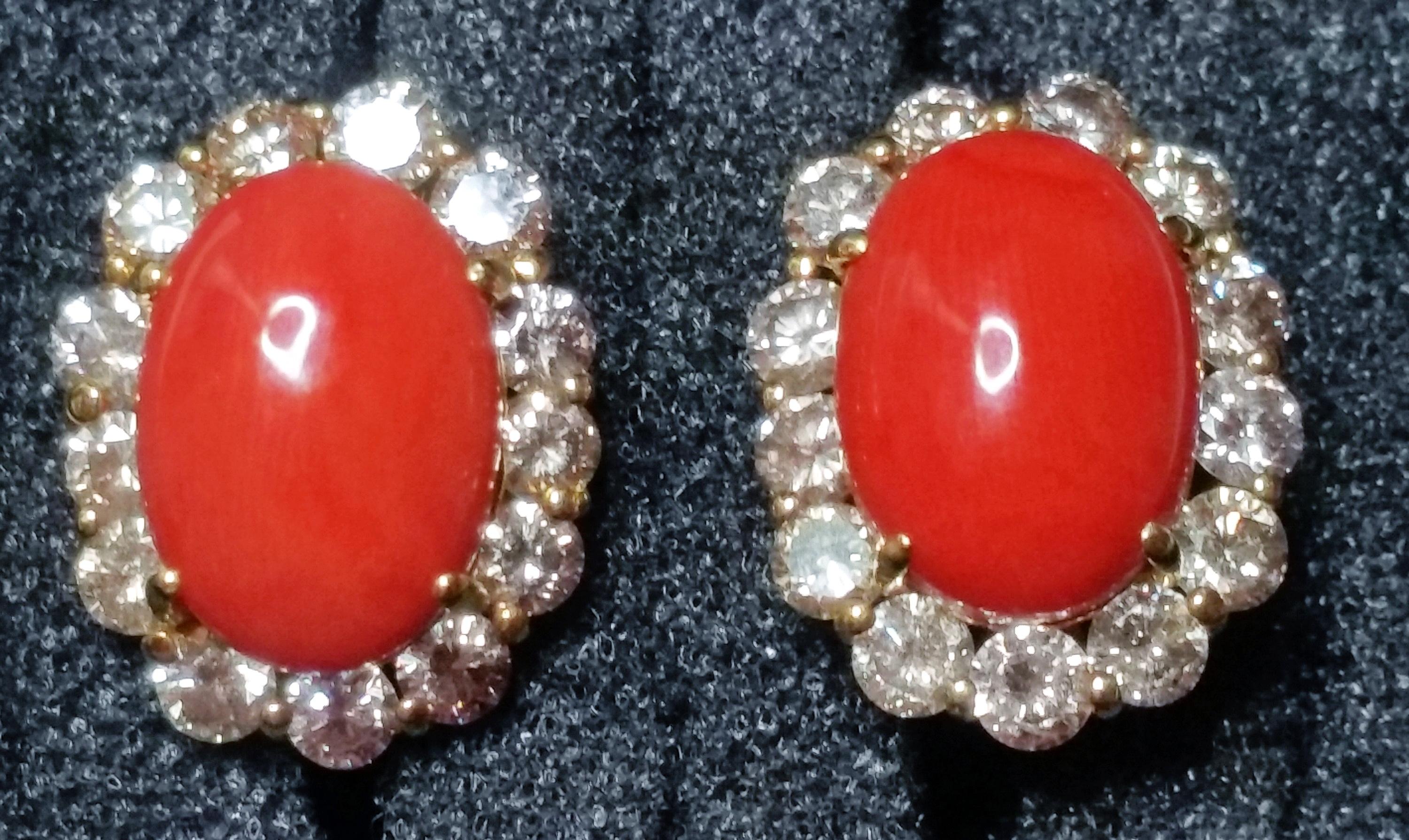Cluster Earrings 14 Carat Gold 585 Diamonds 4.0 Carat Corals Vienna Austria For Sale 1