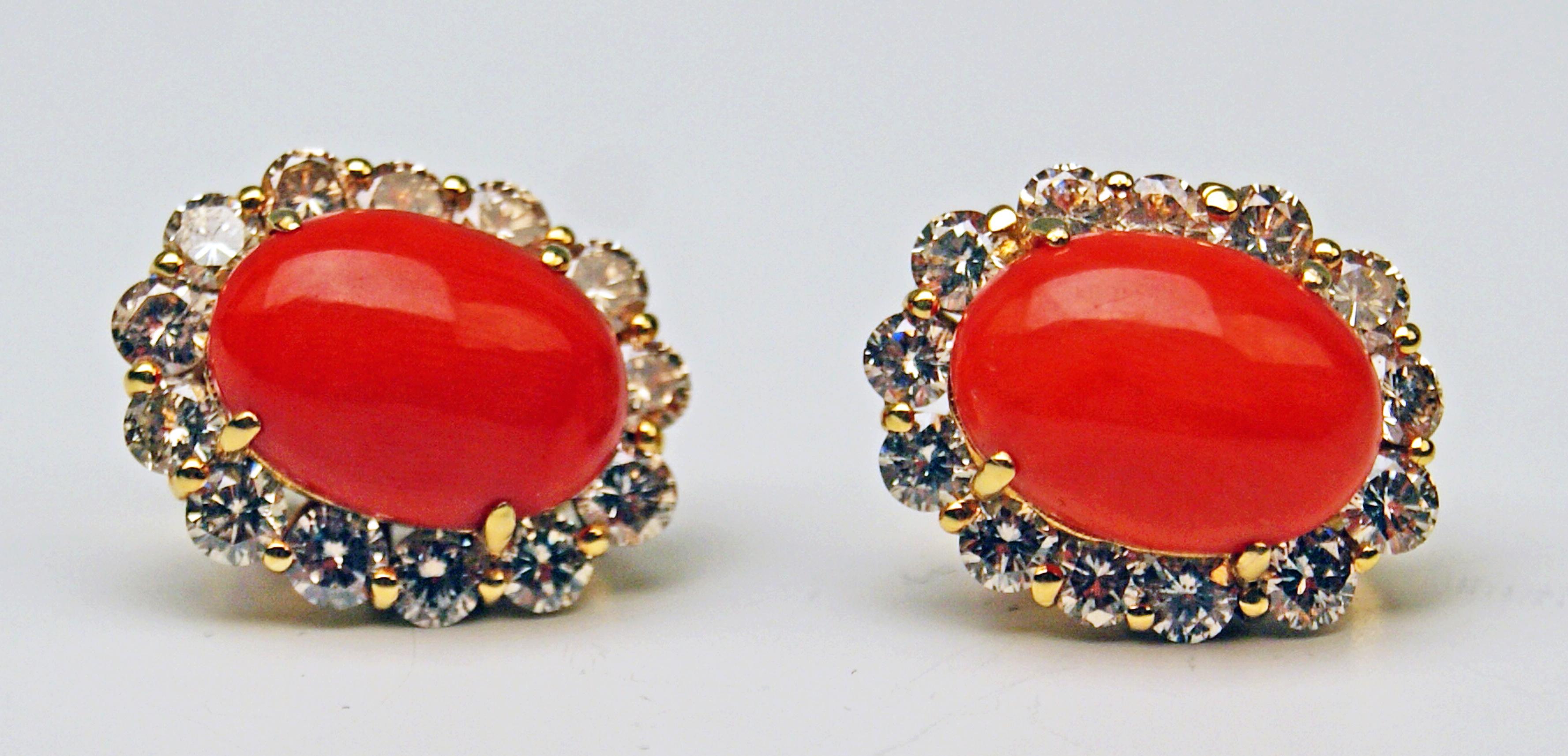 Women's Cluster Earrings 14 Carat Gold 585 Diamonds 4.0 Carat Corals Vienna Austria For Sale