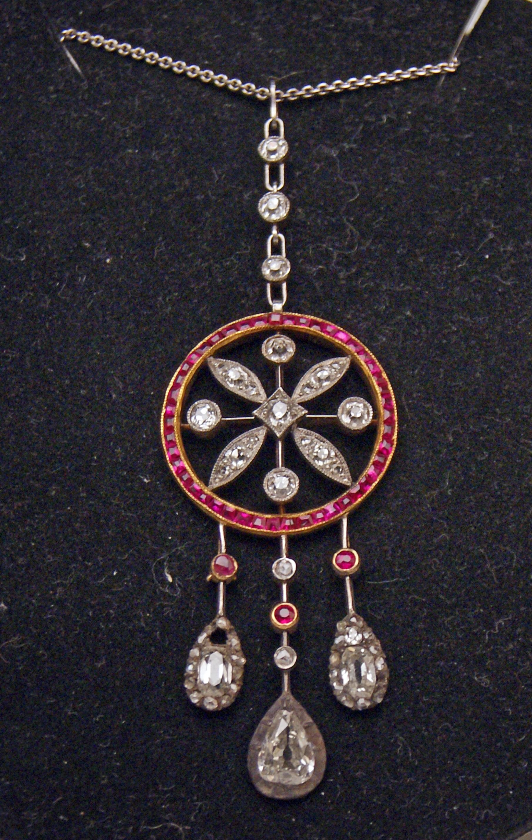 Women's Art Nouveau Necklace Gold 585 Diamonds '3.0 Carat' Rubies Vienna Austria c.1910 For Sale