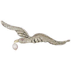 1900s Art Nouveau 1.20 Carat Diamond Pearl Gold Sea Gull Brooch