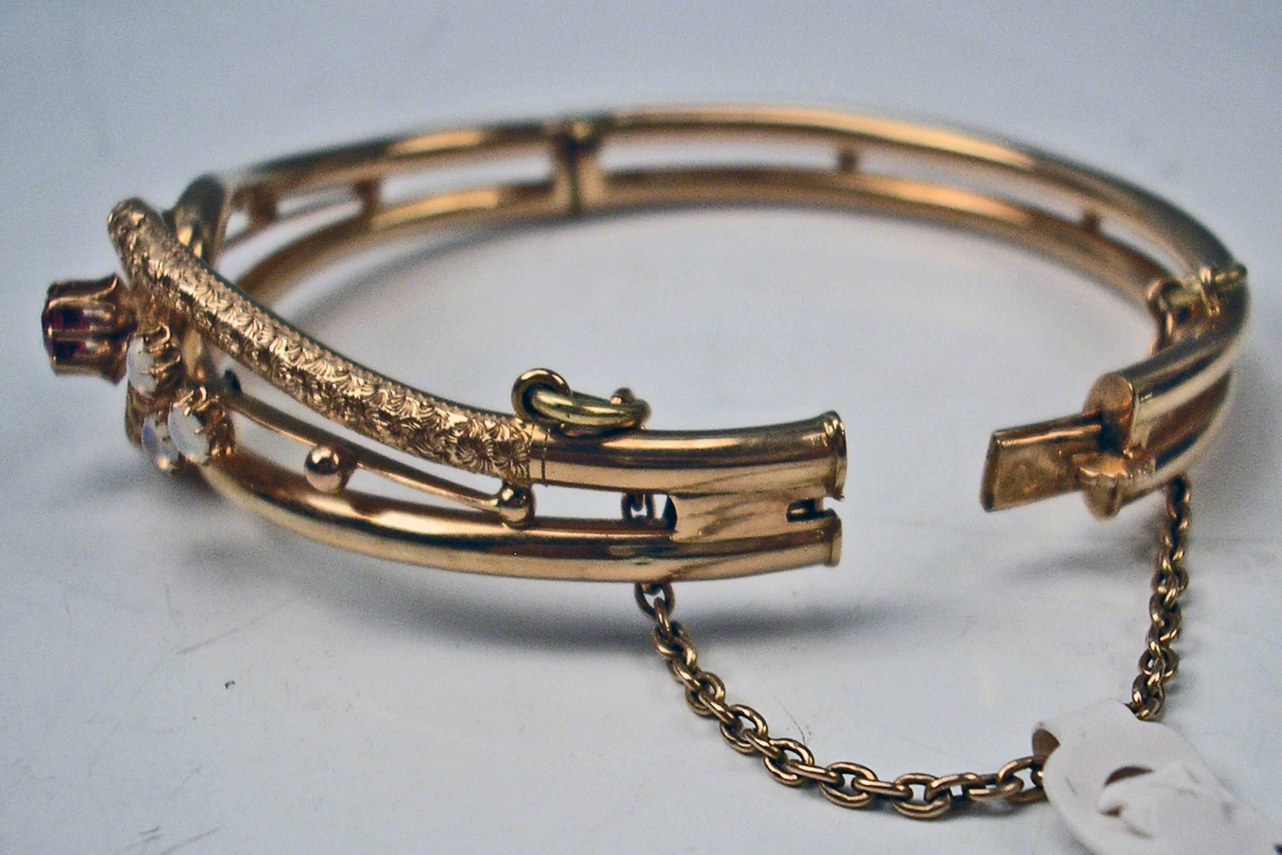 Women's Art Nouveau Opal Almandine Gold Bangle Bracelet 