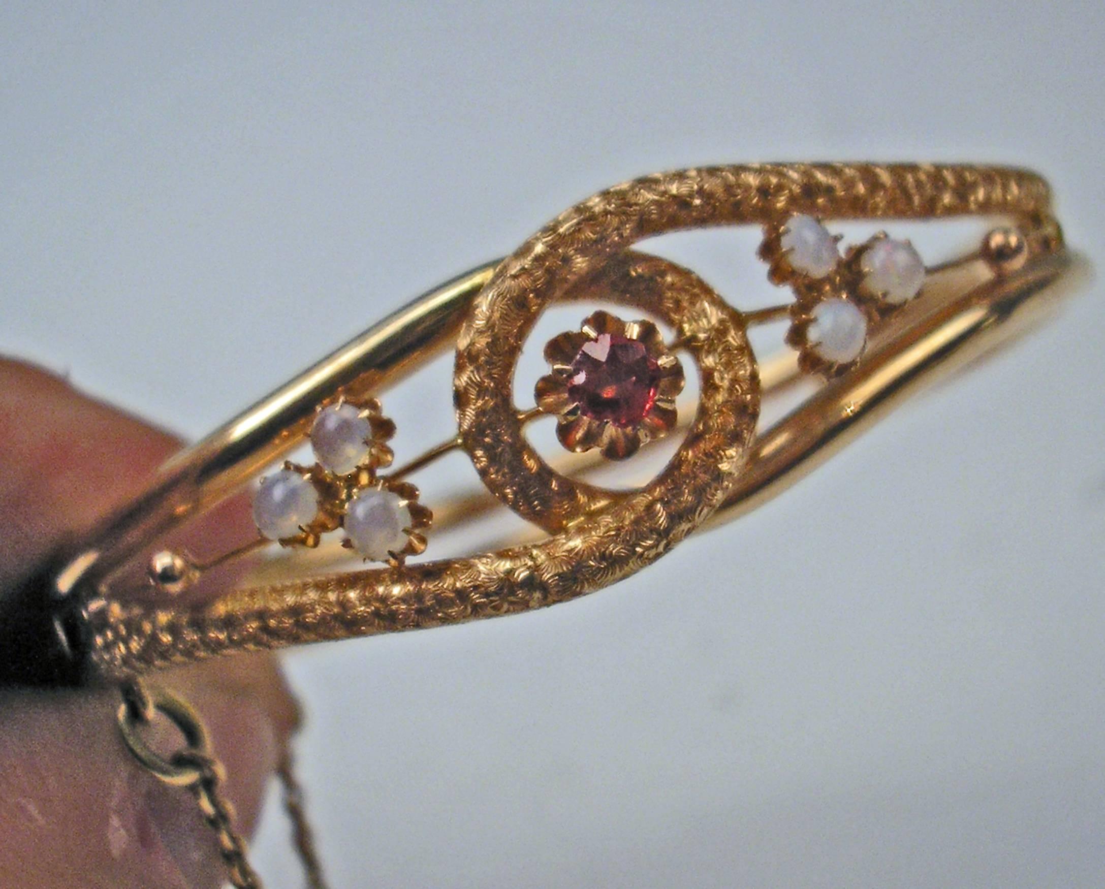 Art Nouveau Opal Almandine Gold Bangle Bracelet  1