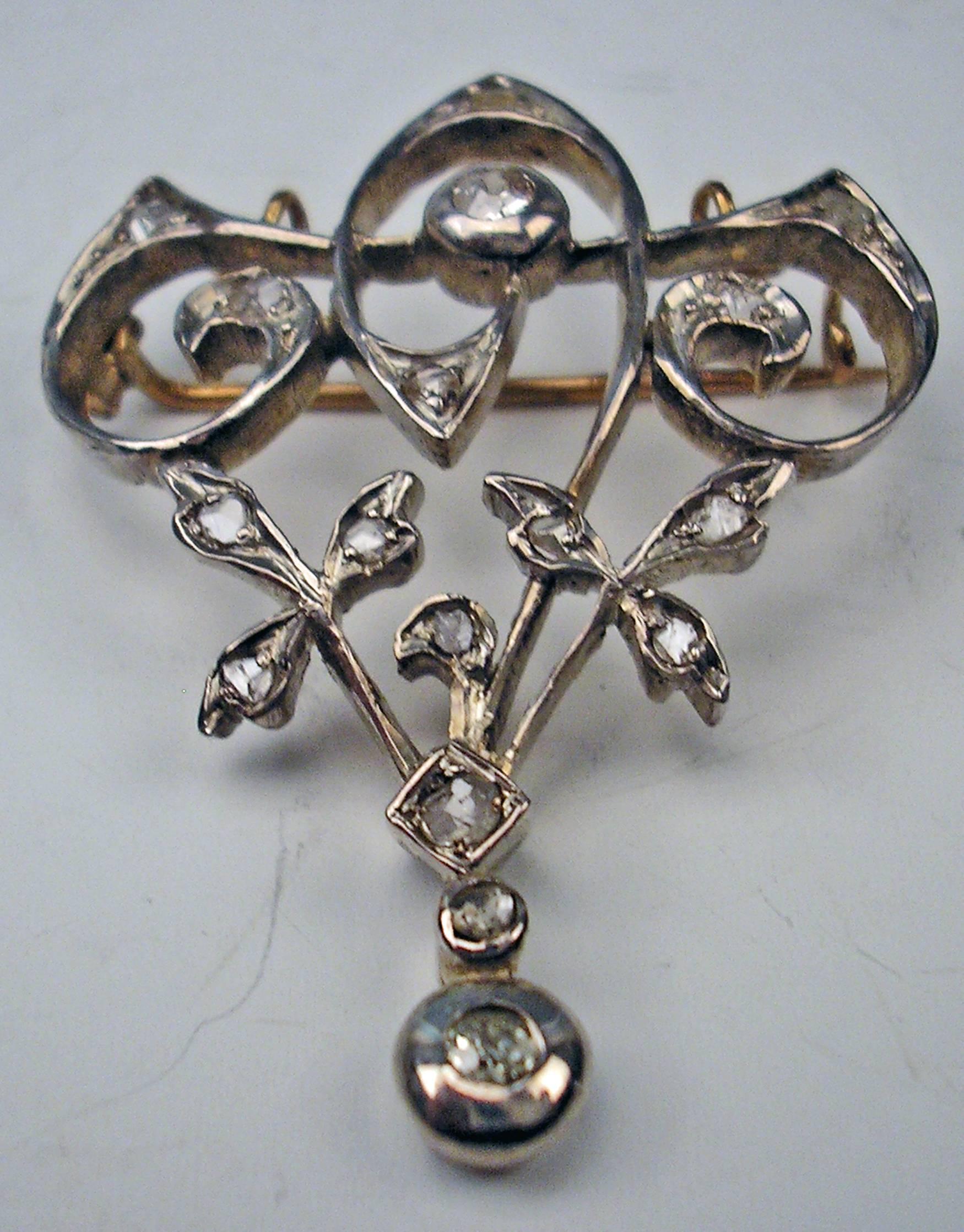 Women's Art Nouveau Diamond Gold Flower Brooch and Pendant  For Sale