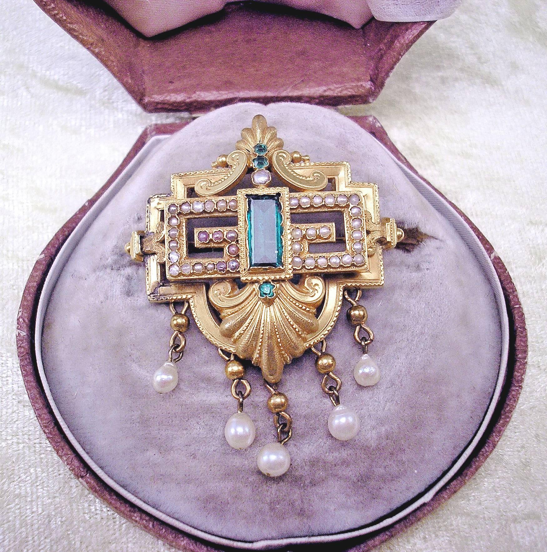 Early Victorian Biedermeier Brooch Gold Emeralds Tourmaline Pearls Original Case made c.1850