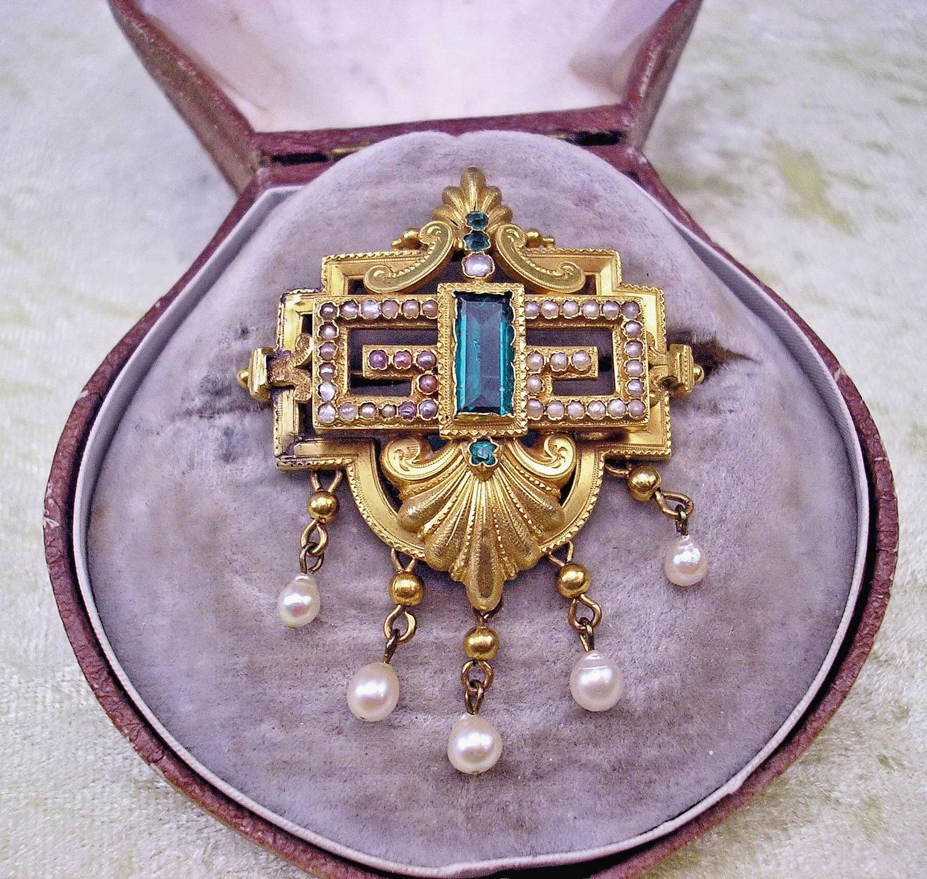 Biedermeier Brooch Gold Emeralds Tourmaline Pearls Original Case made c.1850 In Excellent Condition In Vienna, AT