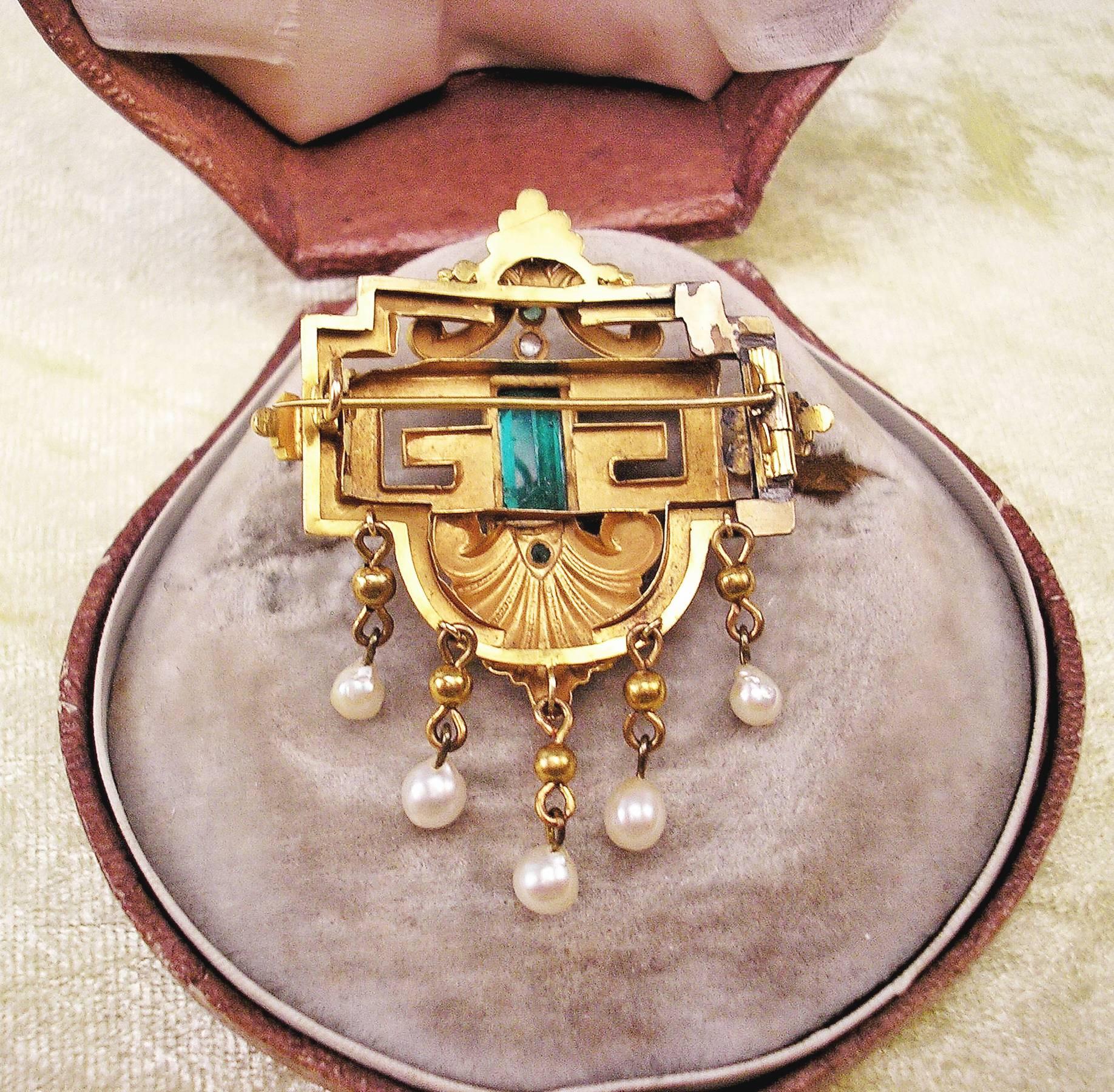 Women's Biedermeier Brooch Gold Emeralds Tourmaline Pearls Original Case made c.1850