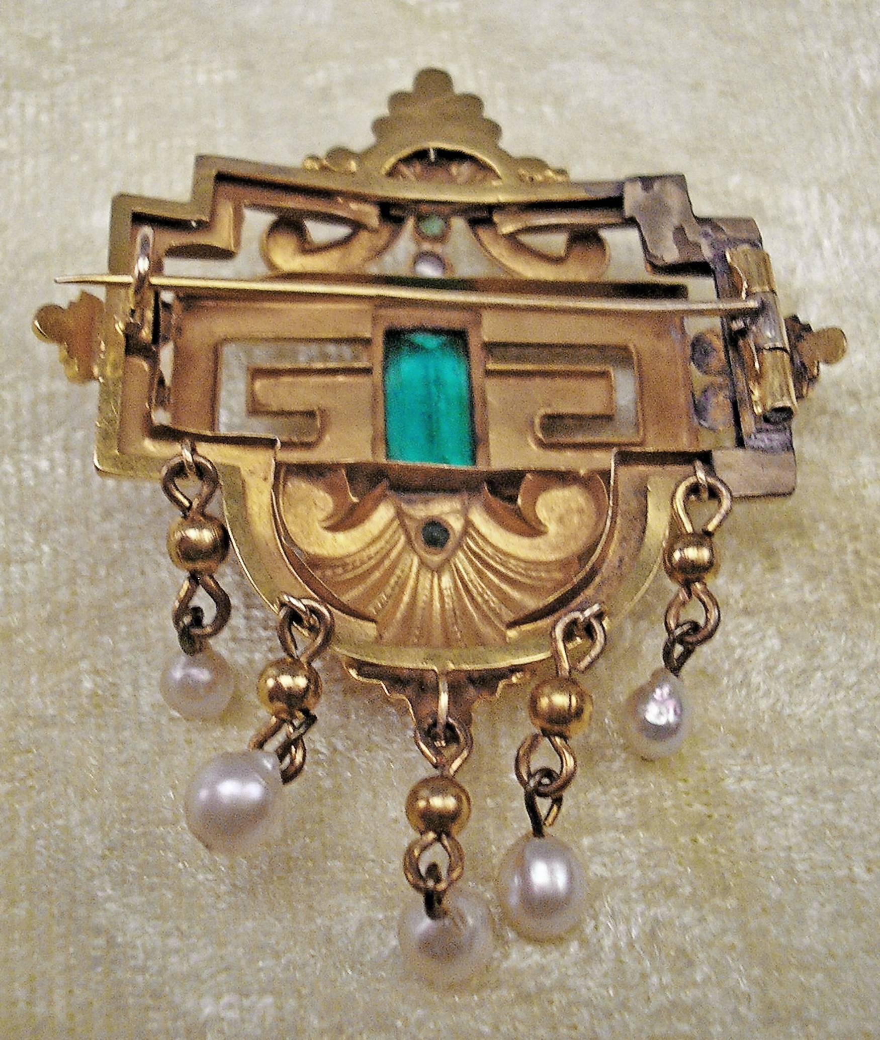 Biedermeier Brooch Gold Emeralds Tourmaline Pearls Original Case made c.1850 3