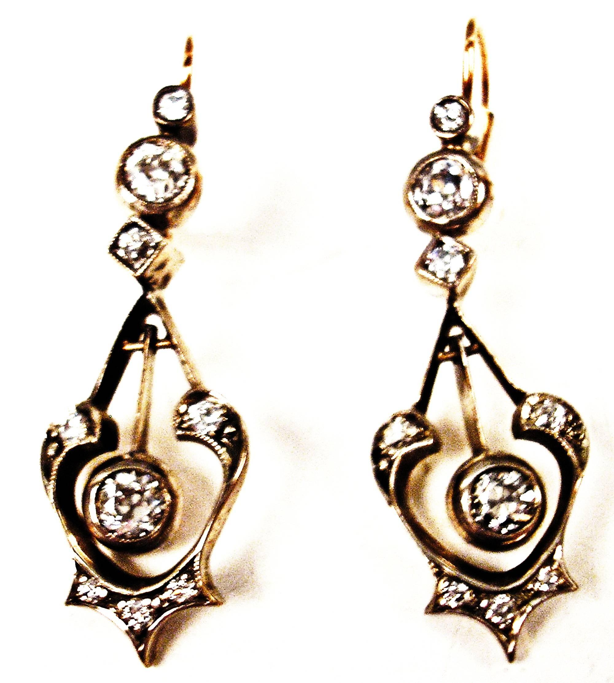 GOLDEN ART NOUVEAU EARDROPS OF HIGH VALUE WITH MANY DIAMONDS   

GOLD  (14 ct  /  585)  /  DIAMONDS  (VINTAGE CUTS  /  1.70 Carat)   

EARDROPS OF GORGEOUS APPEARANCE:  
ONE LARGE DIAMOND IS ATTACHED TO MIDDLE AREA / SOME SMALLER ONES - VINTAGE