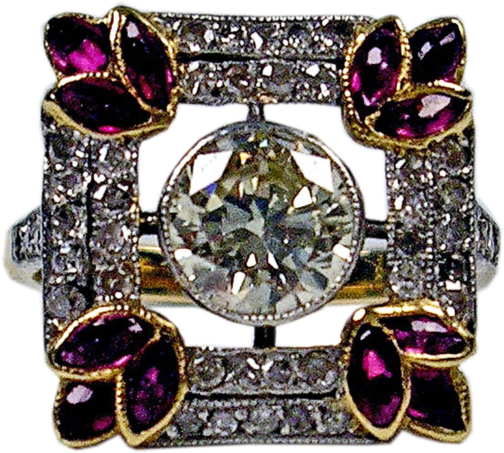 1900s Austria Art Nouveau 1.25 Carats Diamonds Rubies Silver Gold Cluster Ring In Excellent Condition In Vienna, AT