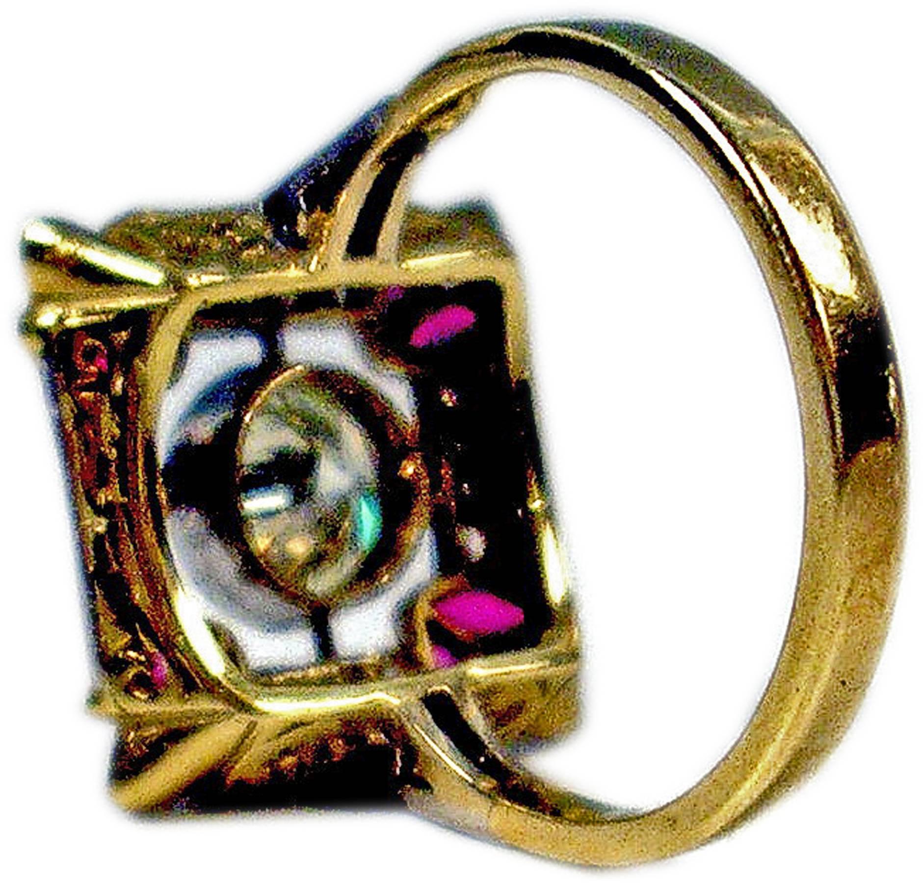 1900s Austria Art Nouveau 1.25 Carats Diamonds Rubies Silver Gold Cluster Ring 1