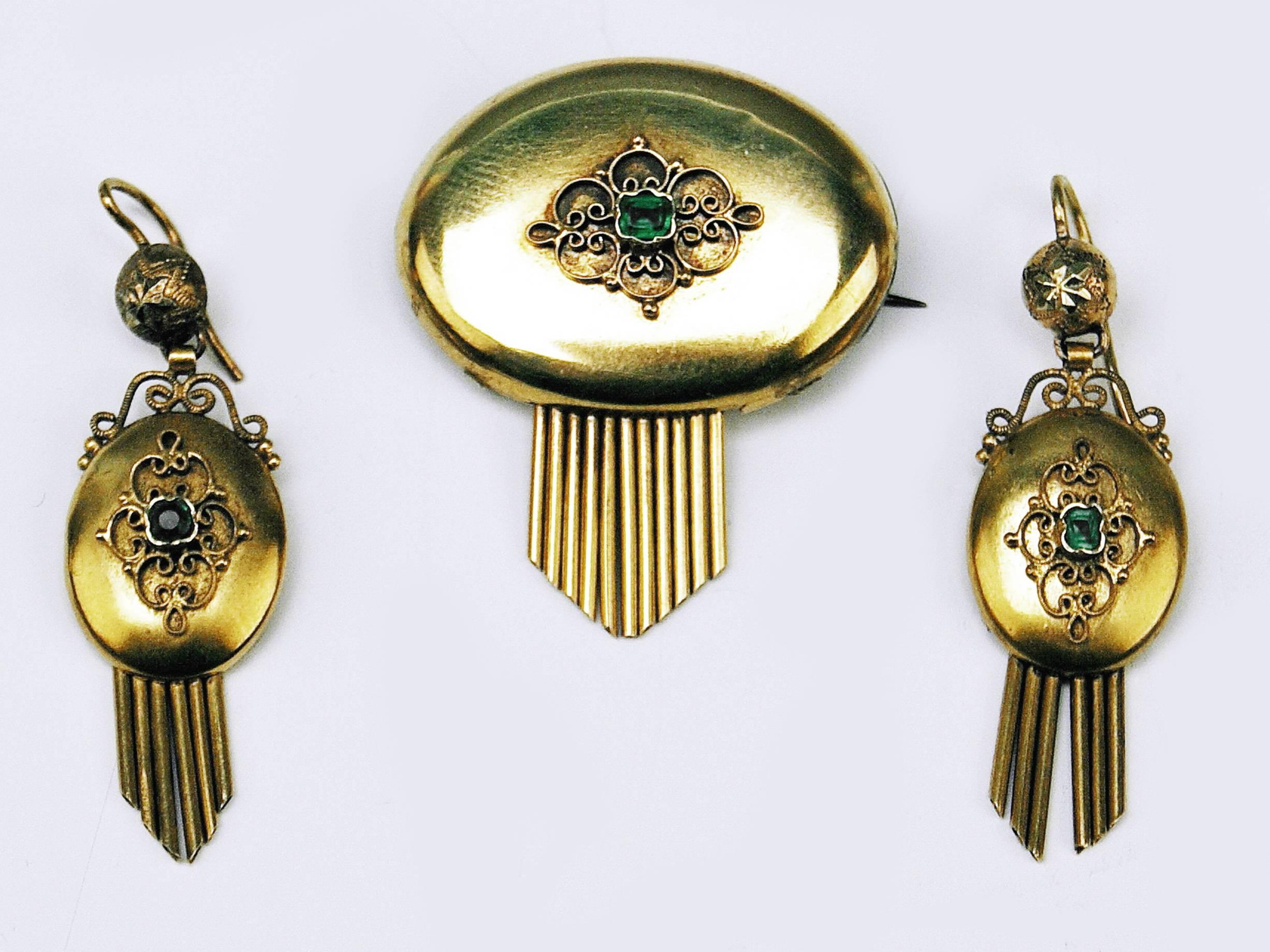Emerald Cut Drop Earring Brooch Jewelry Set 14 Carat Gold Emeralds Vintage, Vienna, Austria For Sale