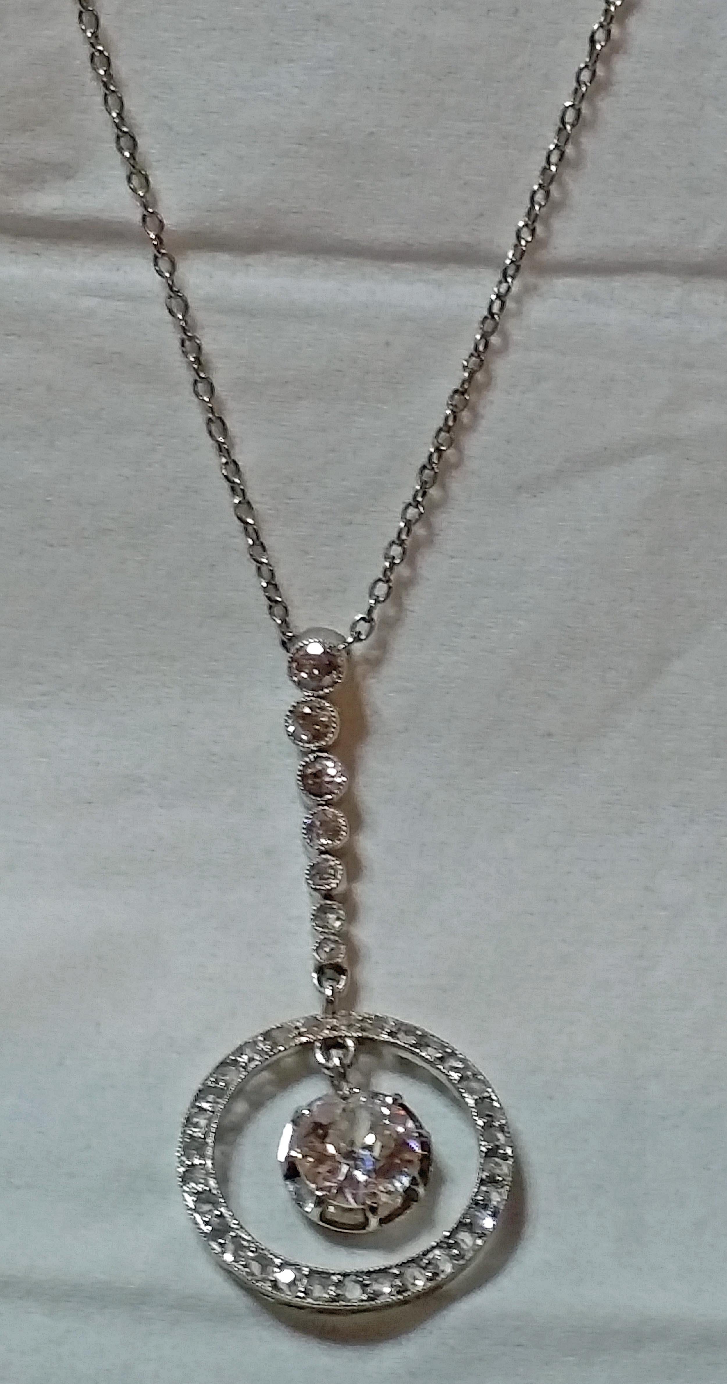 Old European Cut Art Deco Necklace Gold 14 Carat Large Diamond 1.0 Carat Small Diamonds, 1925