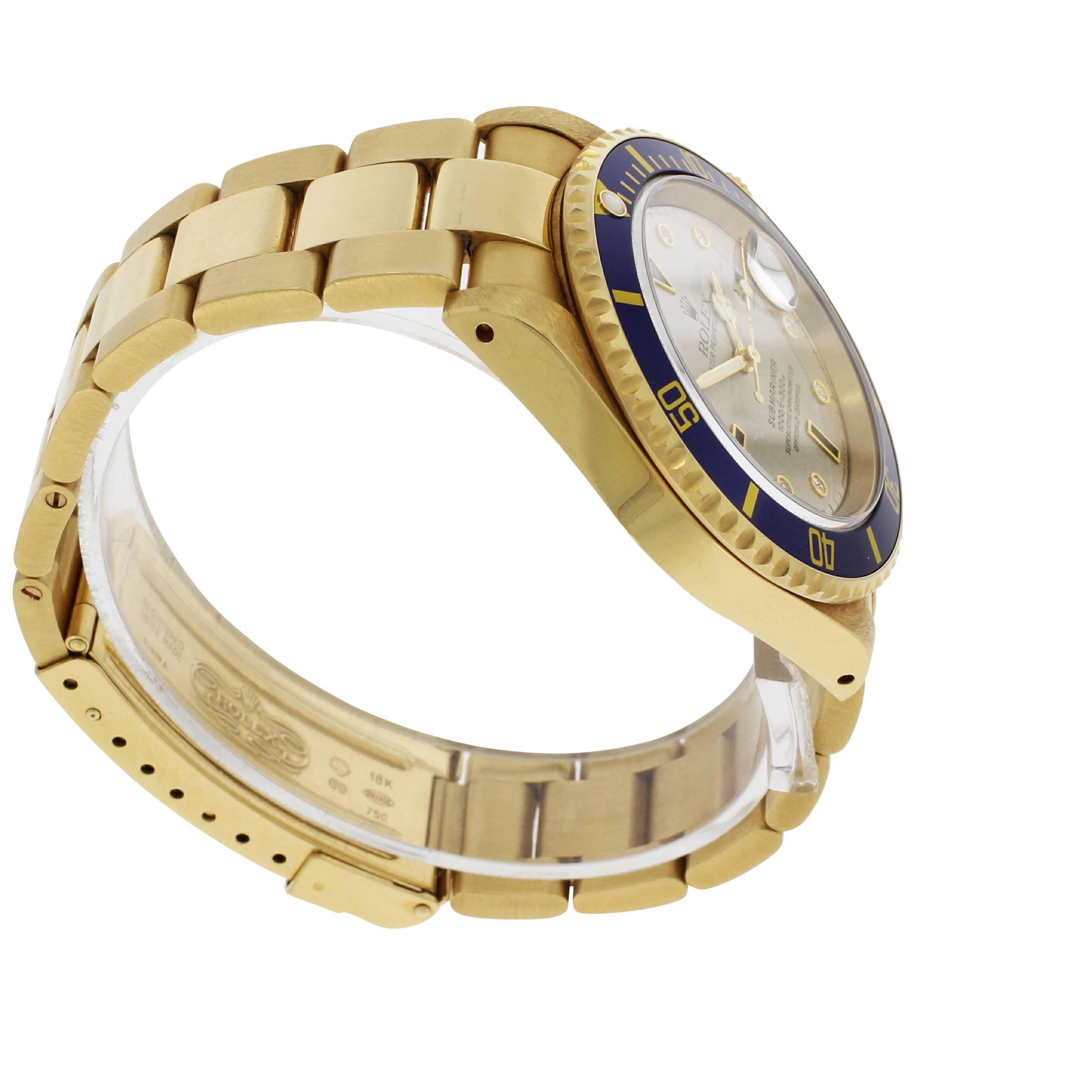 Rolex Yellow Gold Submariner Serti Dial Wristwatch Ref 16618, 1997 For Sale 2