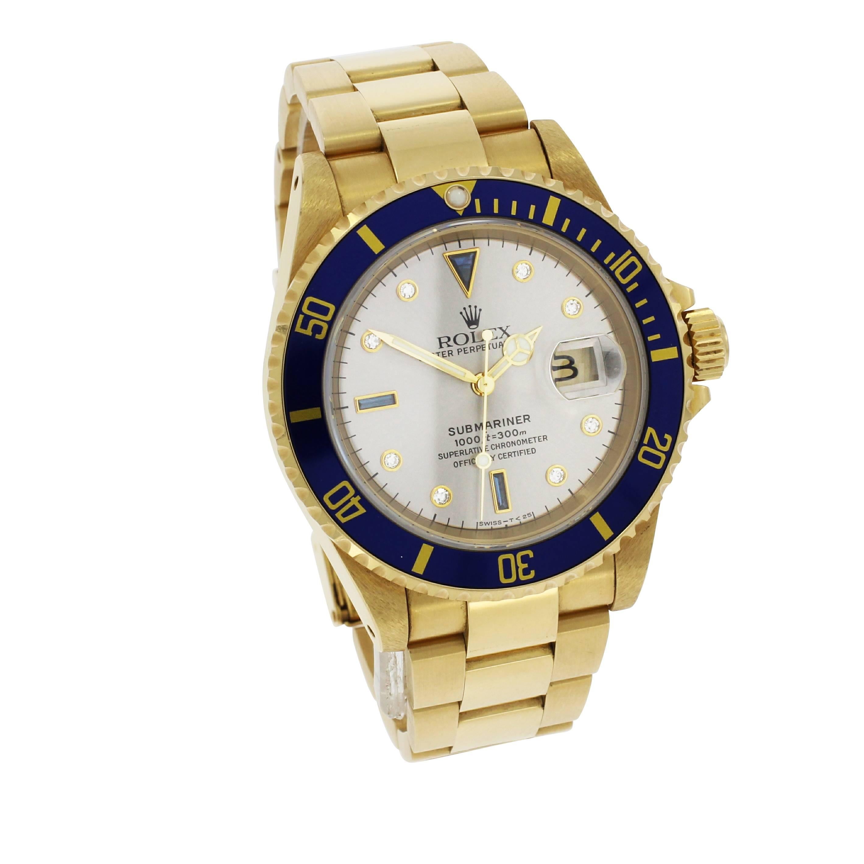Rolex Yellow Gold Submariner Serti Dial Wristwatch Ref 16618, 1997 For Sale 4