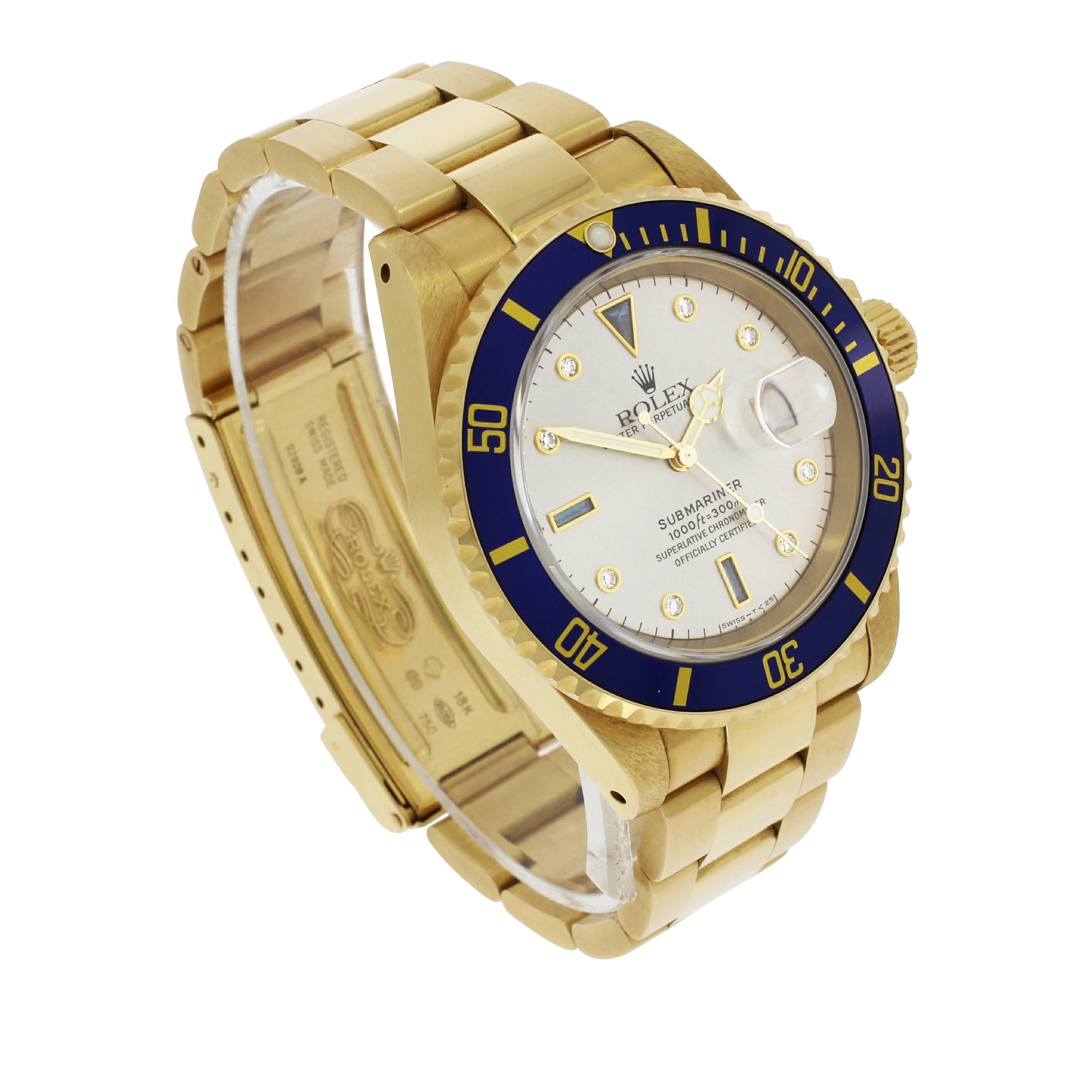 Rolex Yellow Gold Submariner Serti Dial Wristwatch Ref 16618, 1997 For Sale 3