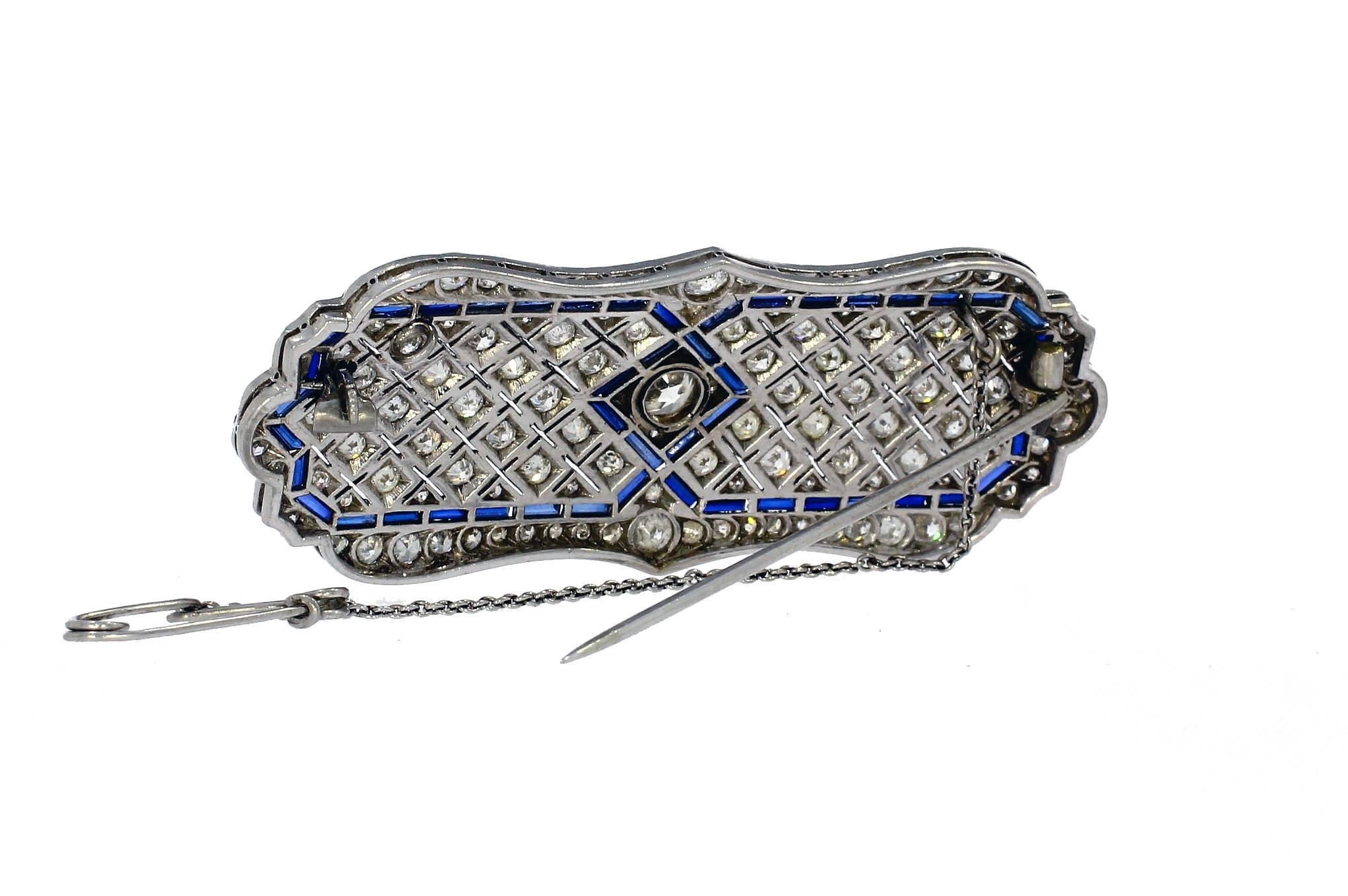 Women's Diamond Sapphire Set Platinum Bar Brooch For Sale