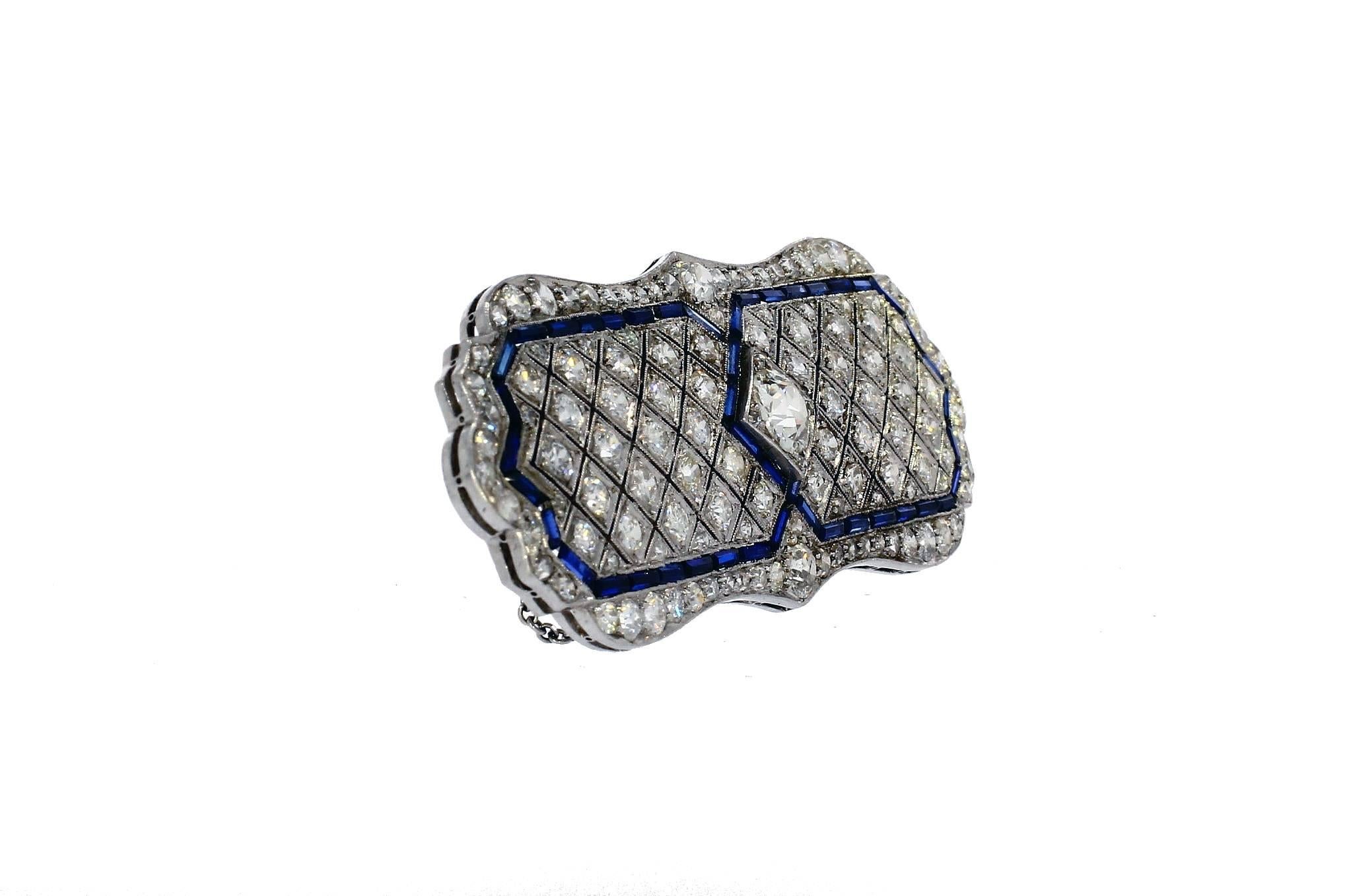 Diamond Sapphire Set Platinum Bar Brooch For Sale 3