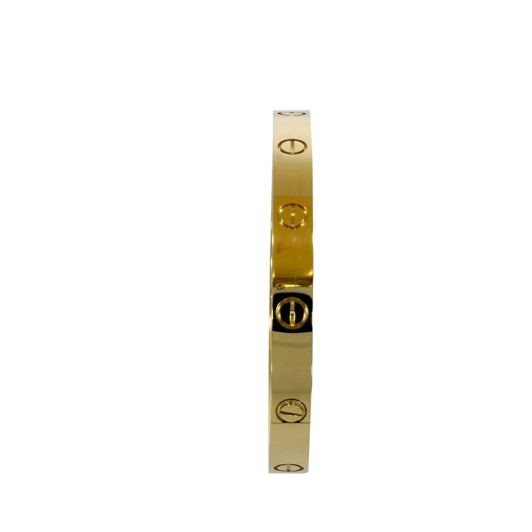 Women's or Men's Cartier Yellow Gold Love Bangle Bracelet No Screwdriver For Sale