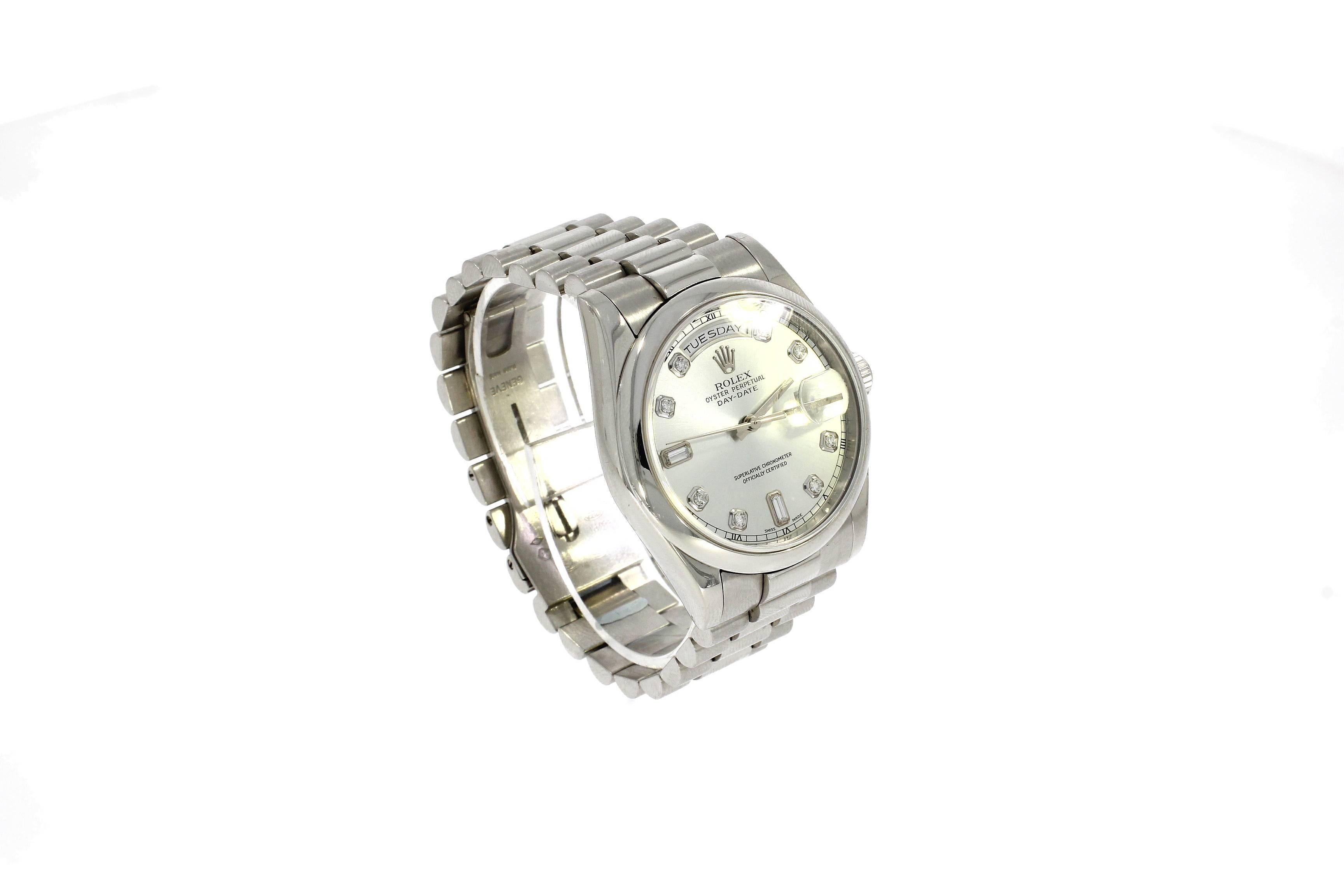 Rolex Platinum Silver Diamond Dial Day Date Automatic Wristwatch, Ref 8206 3