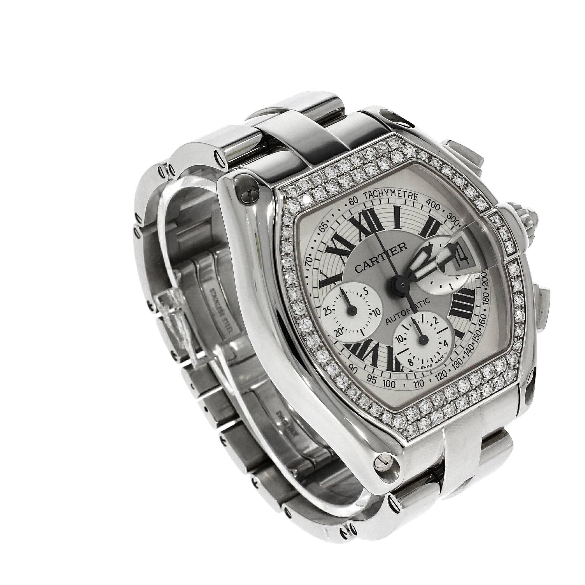 Cartier Stainless Steel Diamond Bezel Roadster Chronograph Automatic Wristwatch  For Sale 3