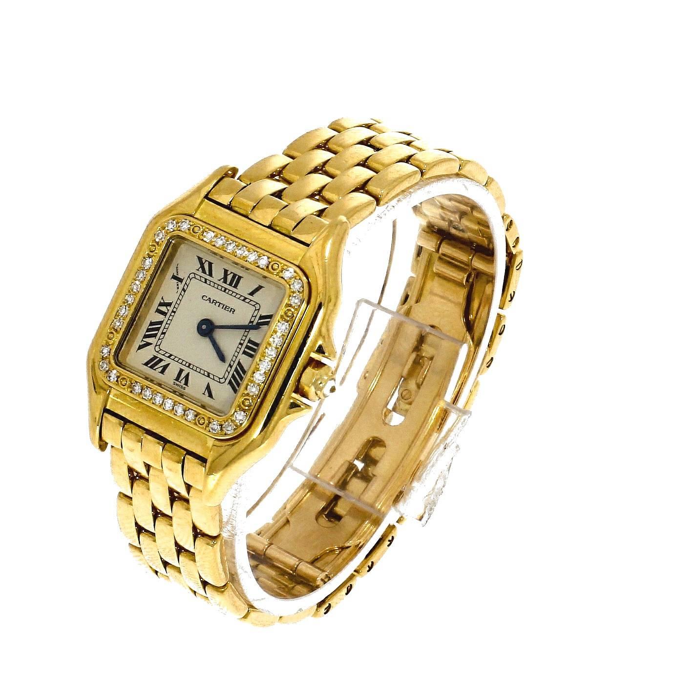 This pre-owned Cartier Panthere, has a 22mm 18K Gold case with a bezel. Fitted with a White dial. A signed 18K Gold Bracelet. With a Quartz movement. Calibre 157, Serial number reads: MG22XXXX

The Cartier Panthere originally got its name from a