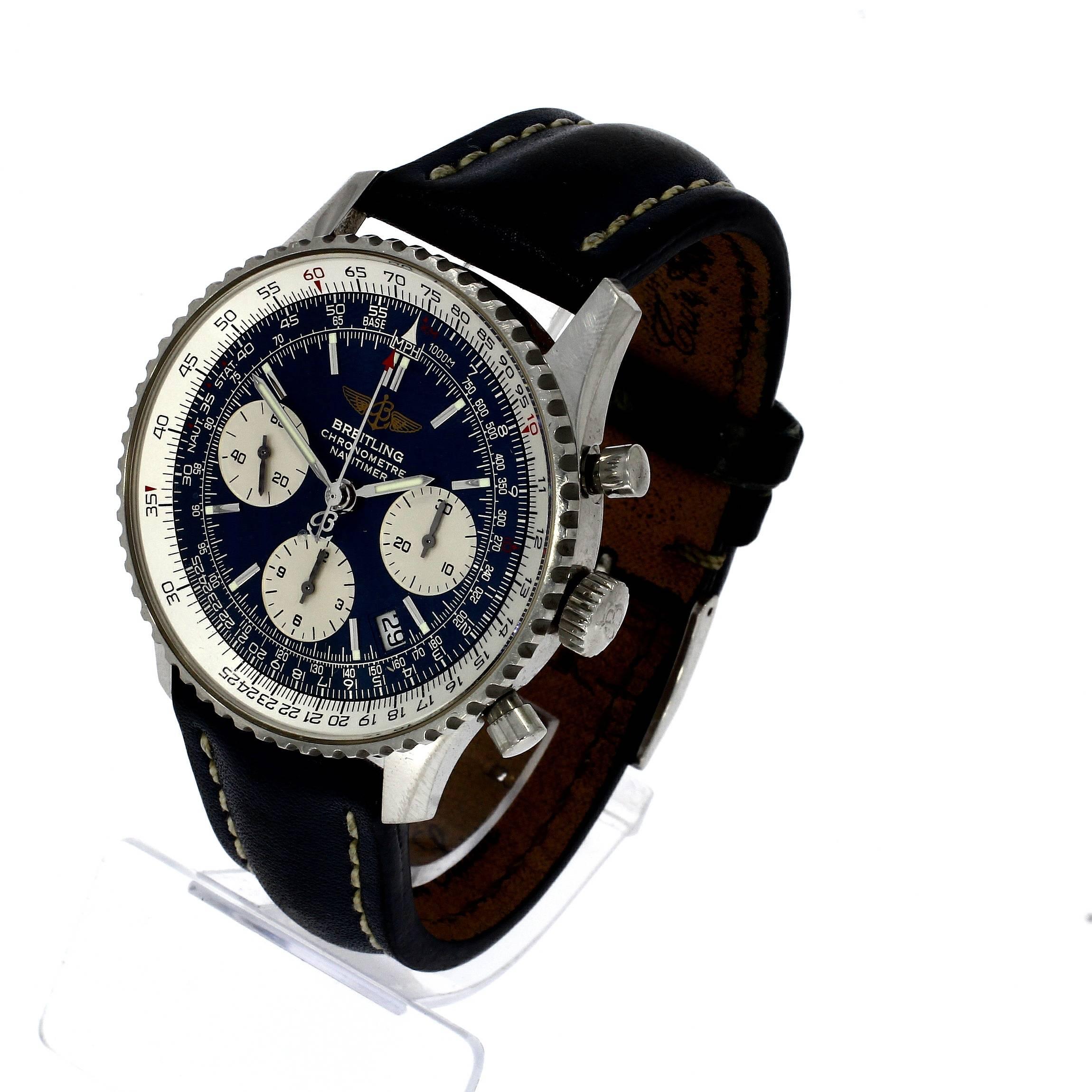 This pre-owned Breitling Navitimer, has a 41mm Steel case. Fitted with a blue dial. An unsigned blue leather strap. With an Automatic B35 Calibre movement. Circa 2007, the case has a serial : 222XXXX

The Breitling Navitimer is the most famous