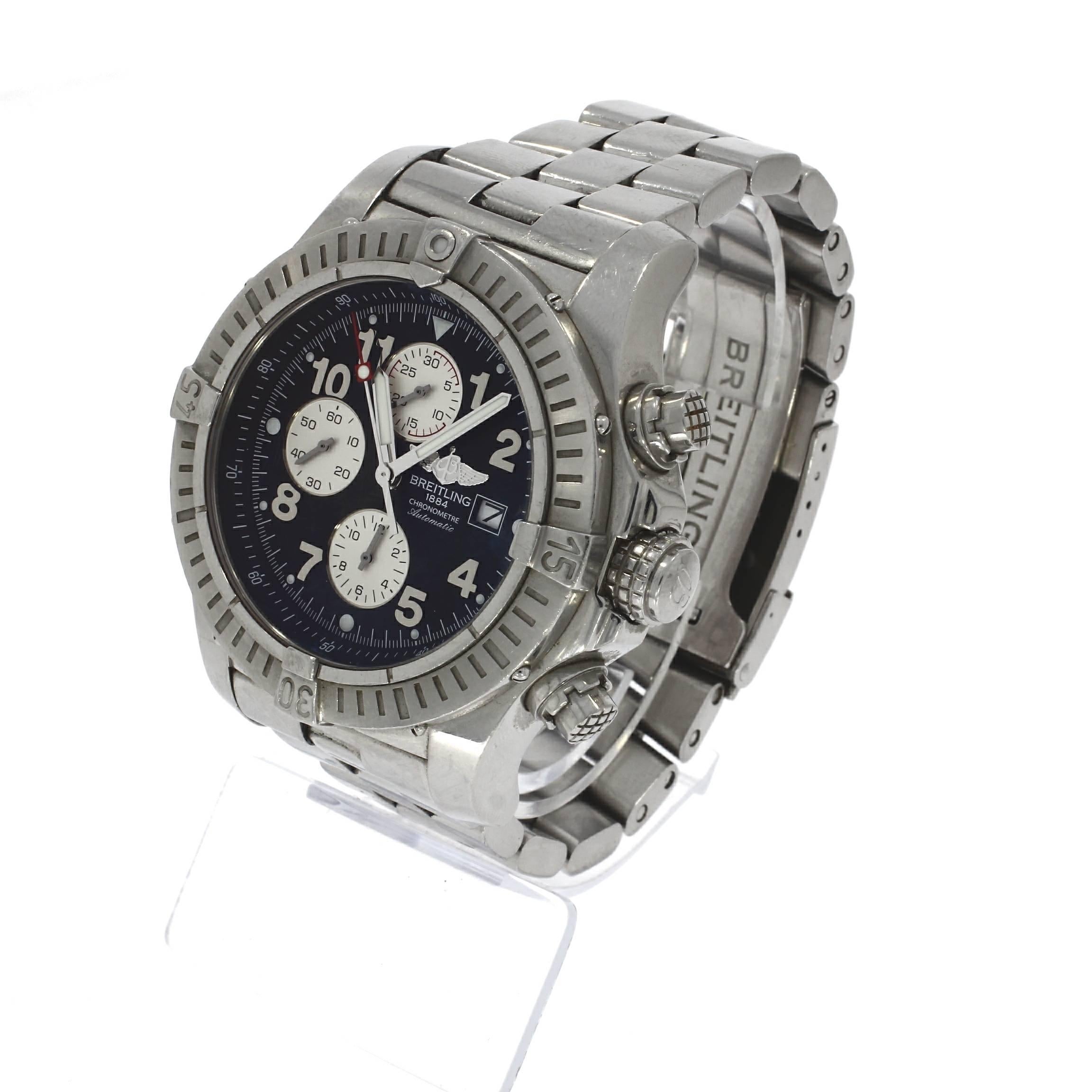 ​This is a pre-owned Breitling Super Avenger. It has a 48mm Steel Case, a Black dial, a Steel signed bracelet, and is powered by an automatic movement. Circa 2006. The case has a serial 2188***

The Breitling Super Avenger is one of Breitling’s most