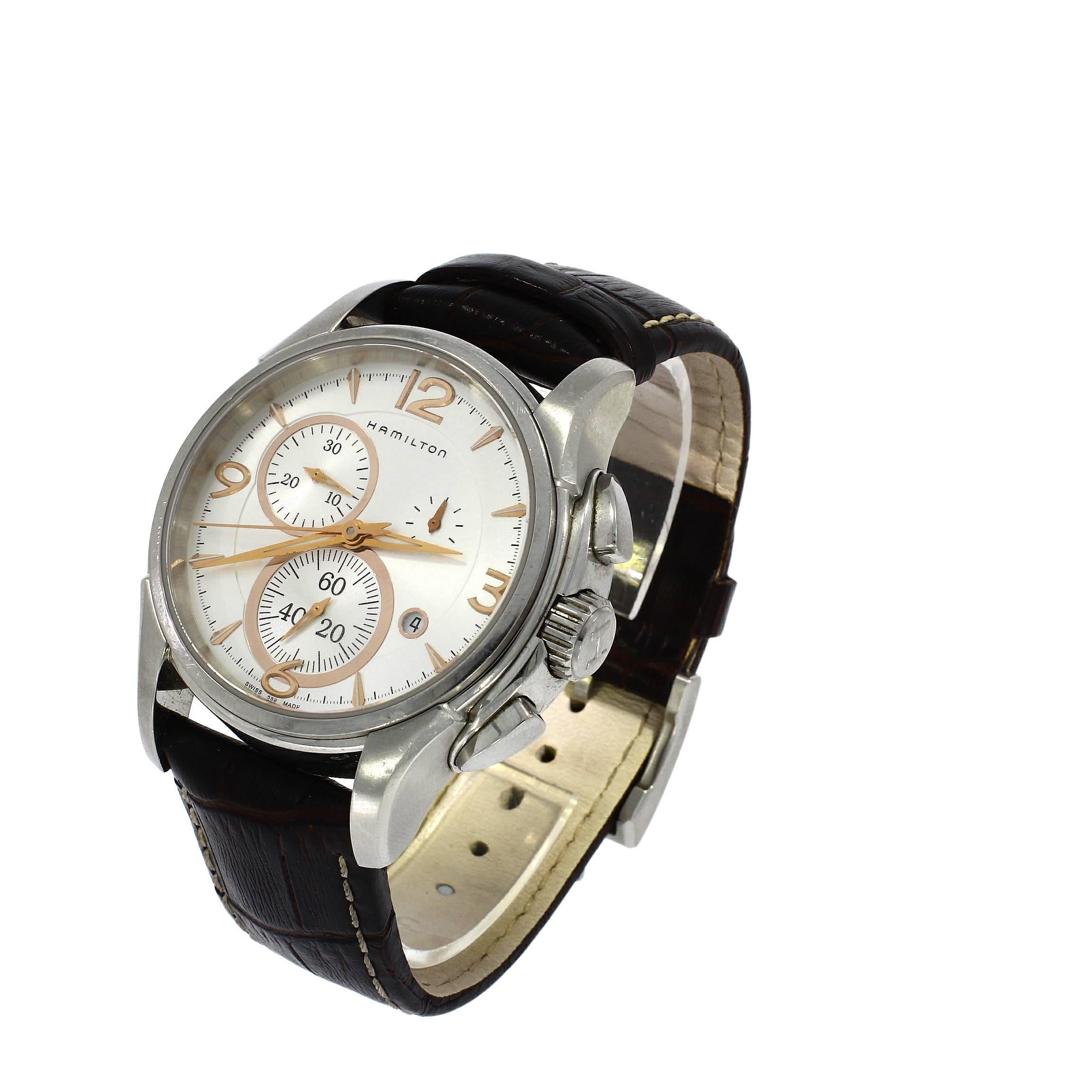 This is a Pre-owned Hamilton Jazz. It has a 42mm Steel Case, a Silver dial featuring 3 sub dials, a signed leather bracelet, and is powered by a quartz movement.

This Hamilton has undergone a thorough inspection and service to ensure all aspects of