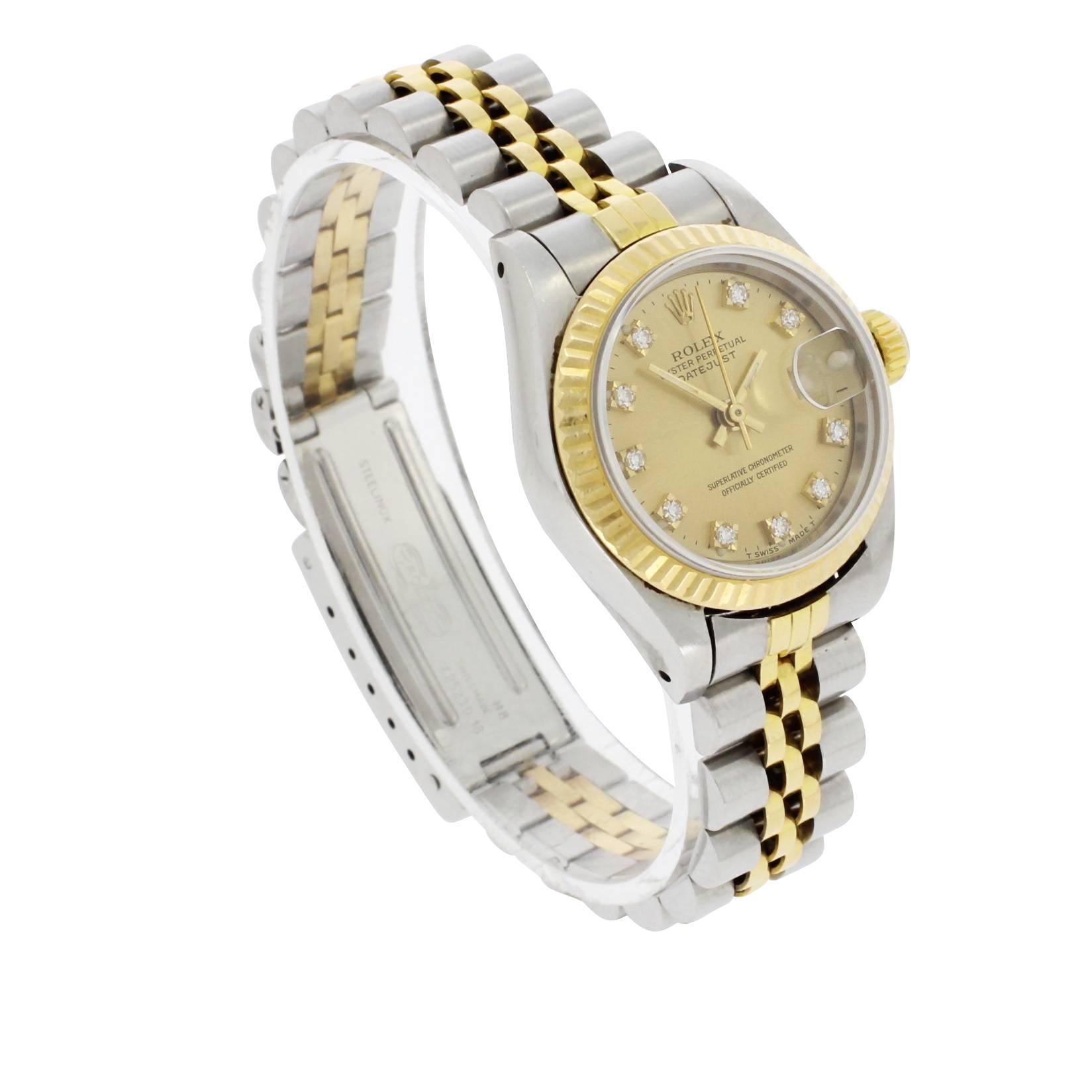Rolex Yellow Gold Stainless Steel Datejust Diamond Dot Dial Wristwatch, 1989 For Sale 4