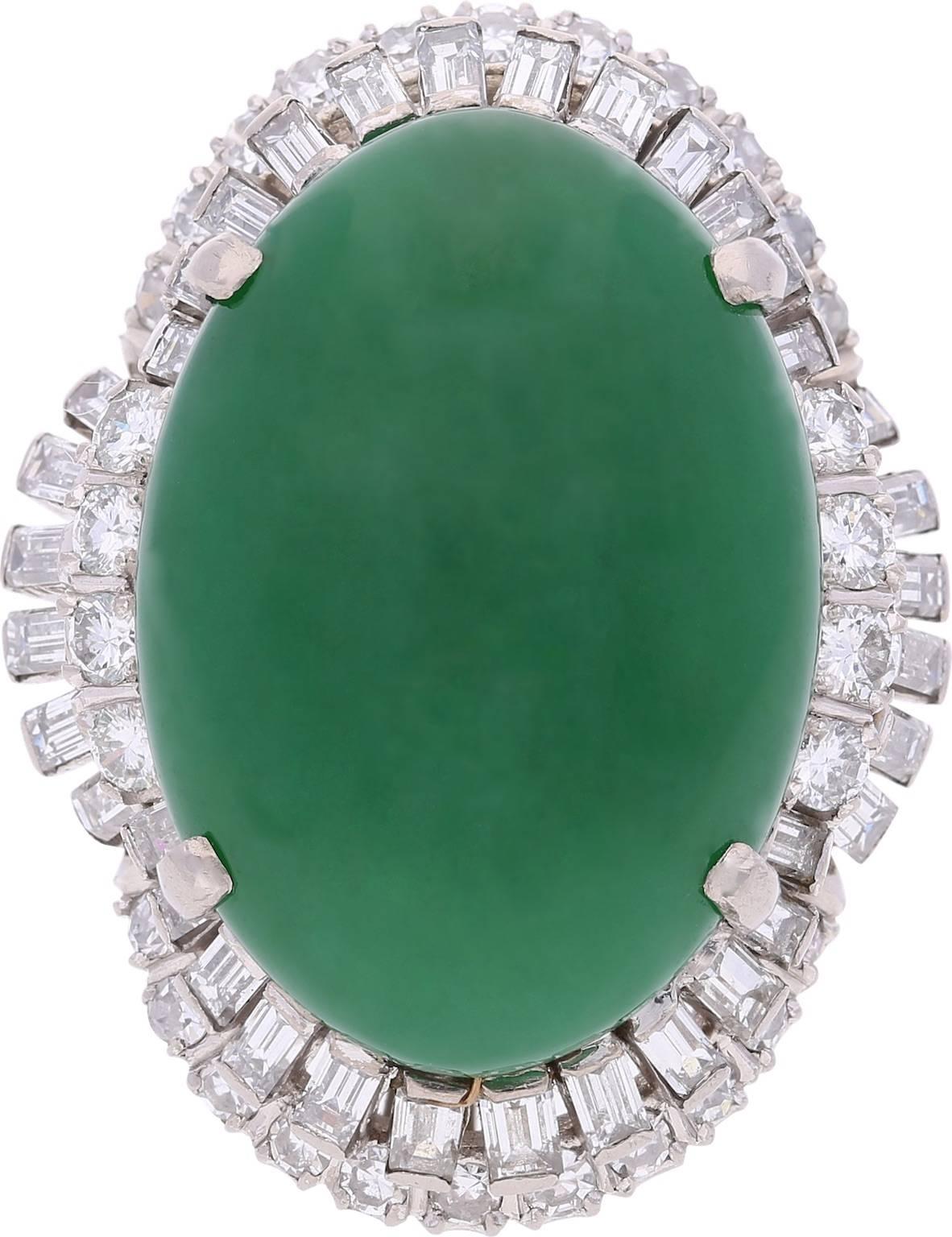 Baguette Cut Early 20th Century Jadeite Jade Diamond Platinum Cocktail Ring