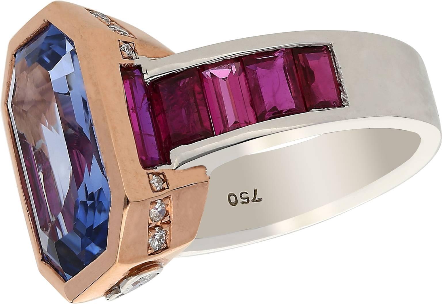 Modern 6.79 Carat Emerald Cut Ceylon Sapphire Diamond Ruby Gold Cocktail Ring